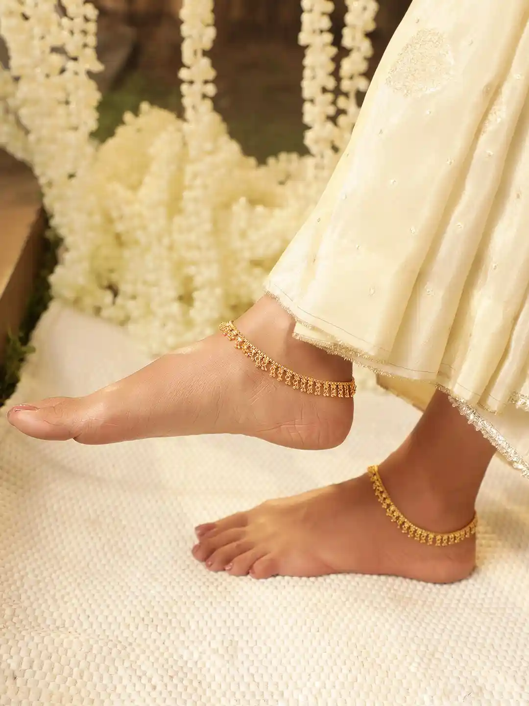 Buy Rubans Set of 22K Gold-Plated Traditional Anklets with Gold