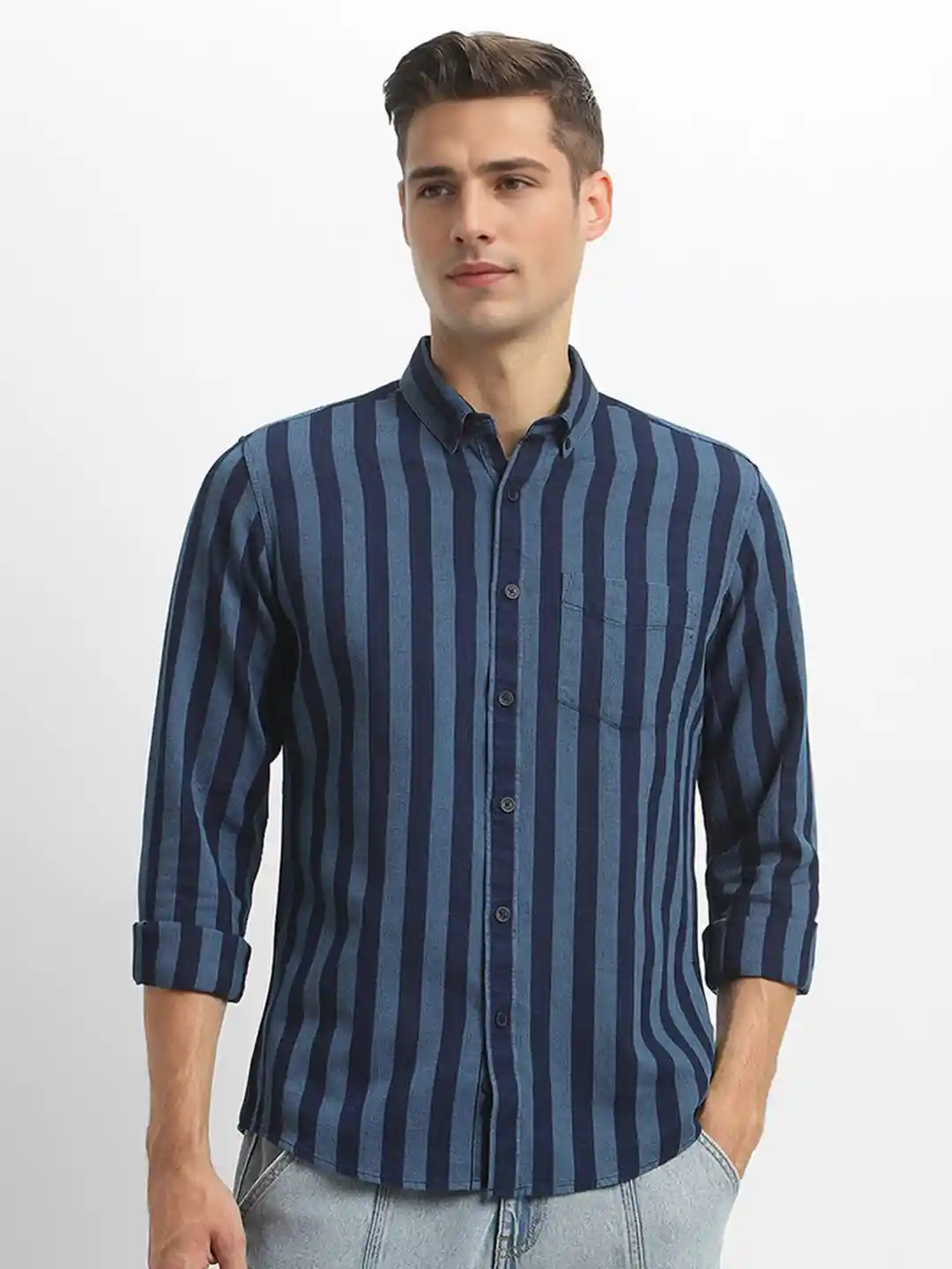 Buy FOREVER 21 Blue Vertical Striped Button-Down Collar Long