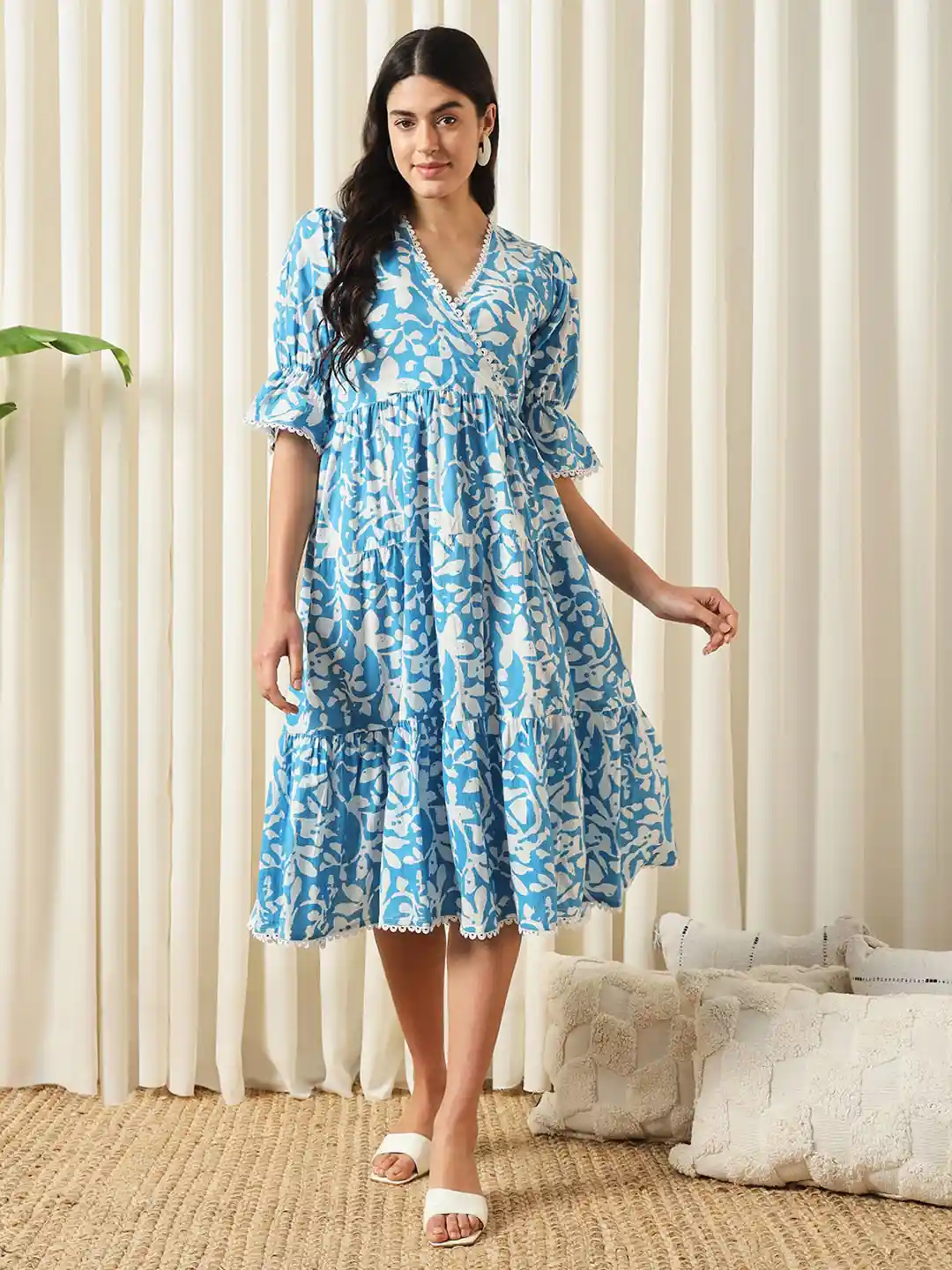 Buy KALINI Floral Printed V-Neck Empire Cotton Opaque Casual Dress
