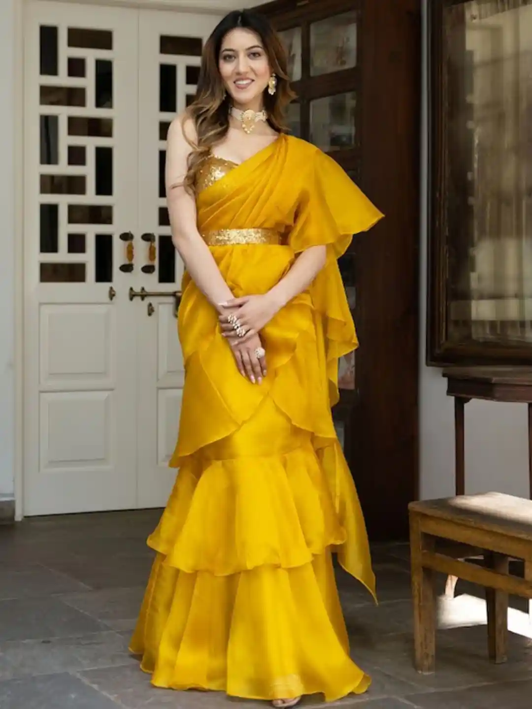 yellow anamika khanna saree Indo Western Dhoti Saree Designer Saree Indo Western Dhoti Saree Anamika  Khanna Yellow