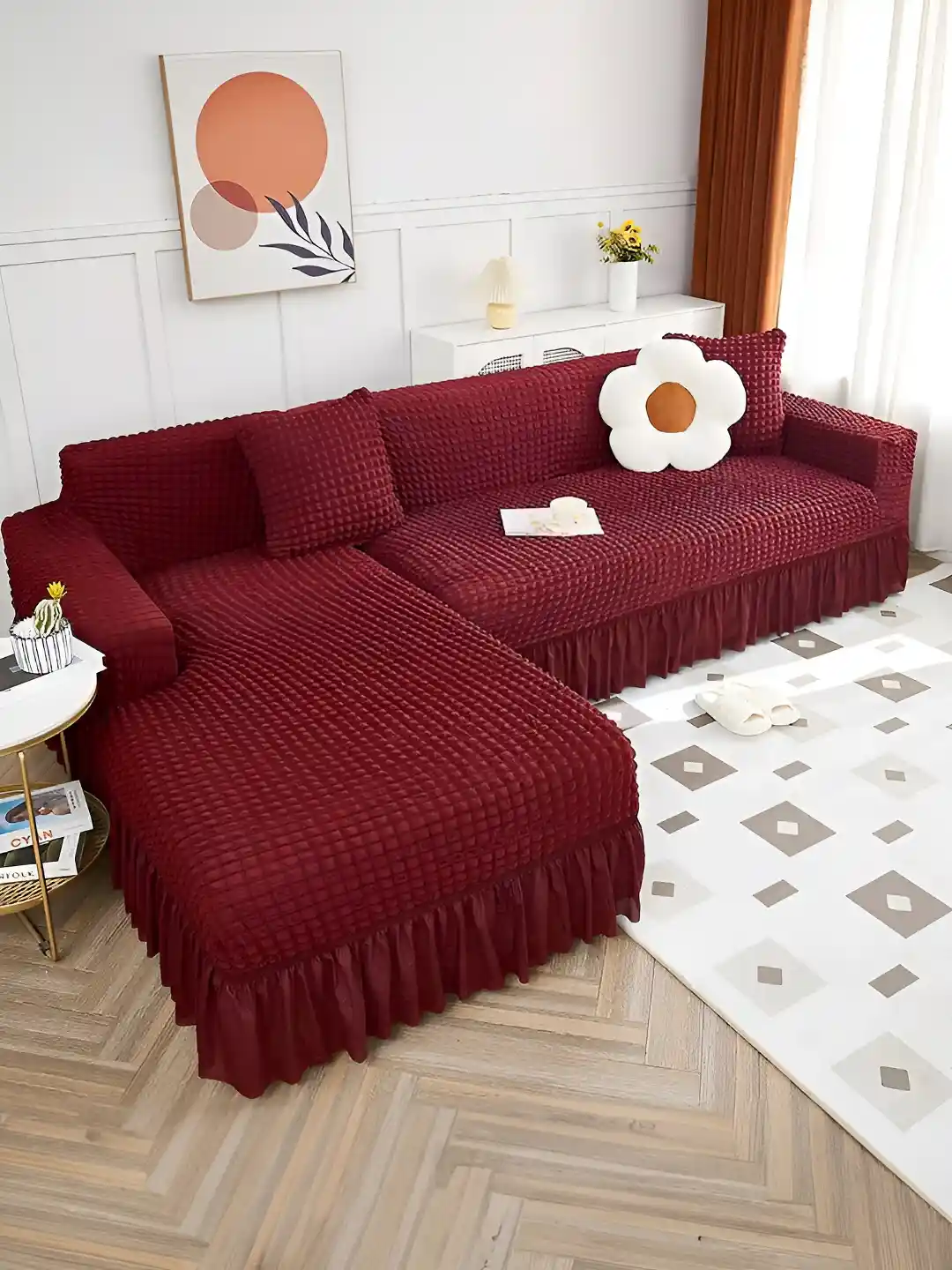 Buy Cortina Maroon Pieces Elastic Stretchable Seater L Shape