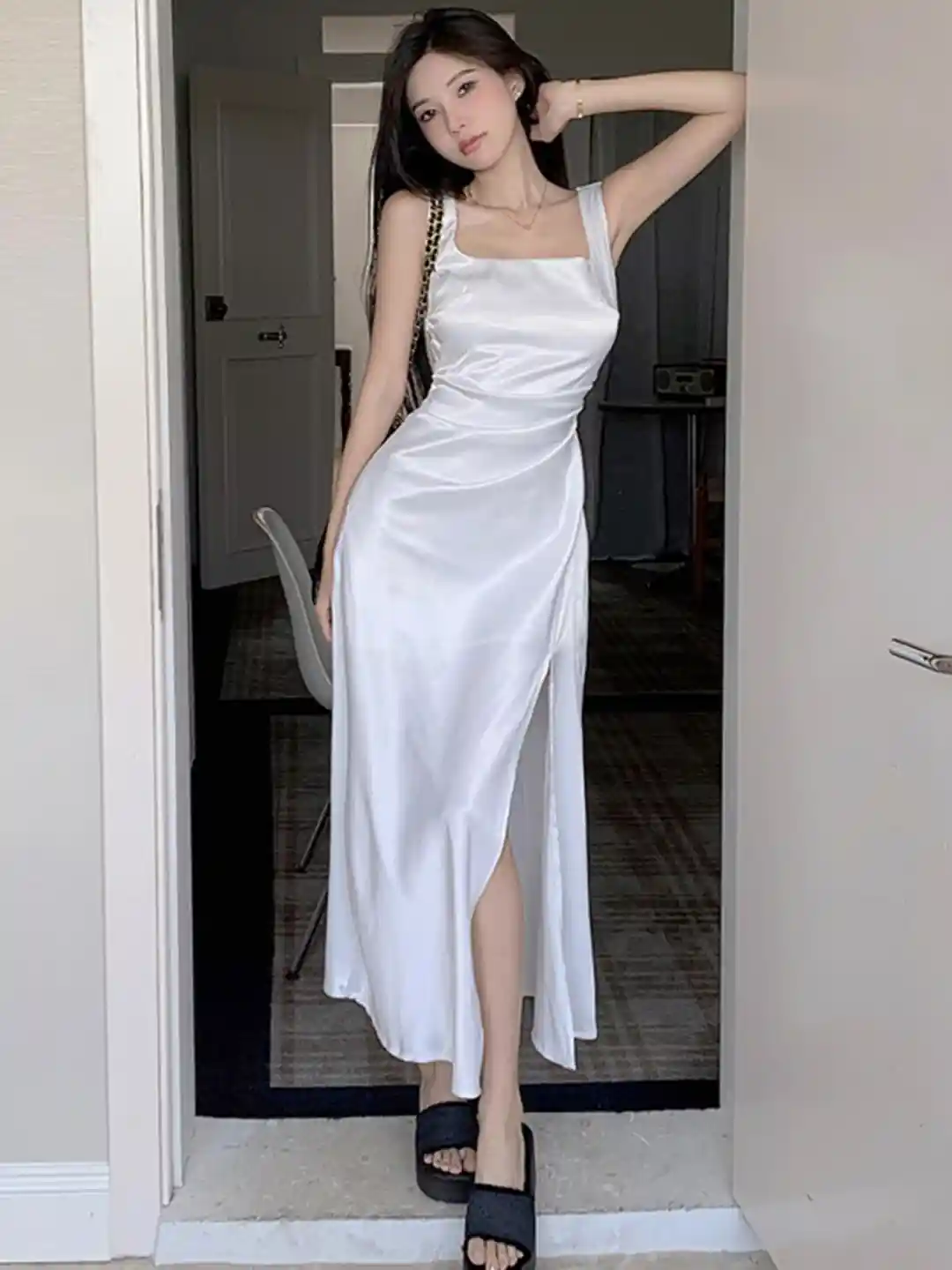 KPOP White Square Neck Bodycon Maxi Dress