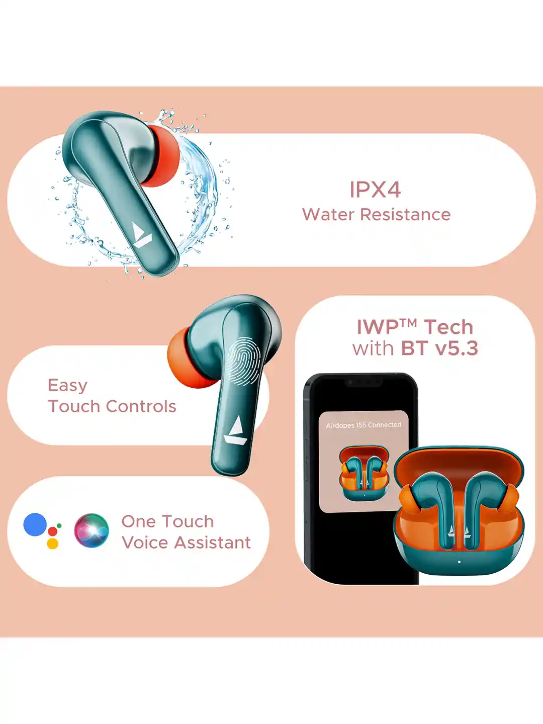 Buy boAt Airdopes 155 w/ 40H Playtime, In-Ear Detection Quad