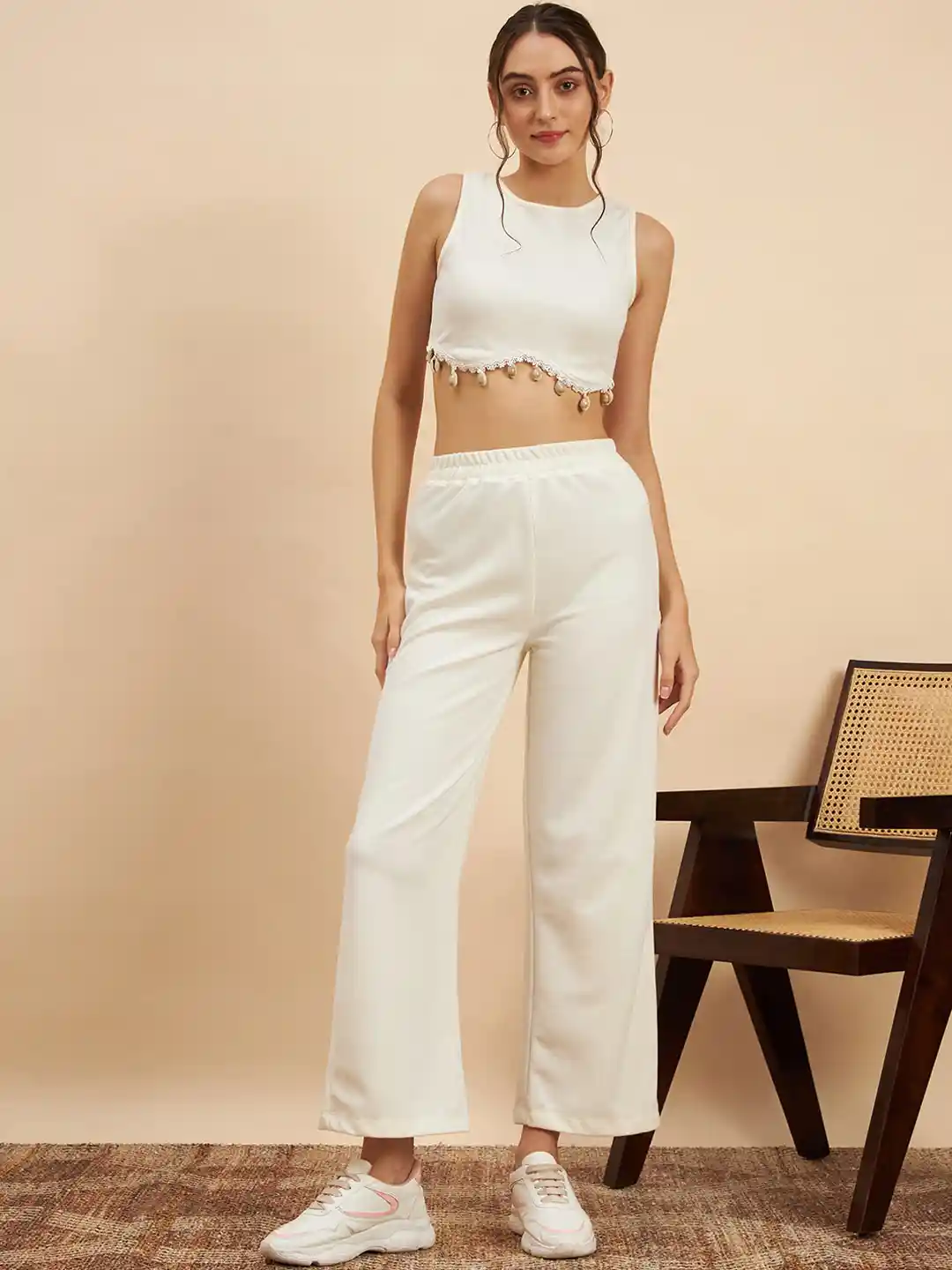 Buy KASSUALLY Off-White Ribbed Round Neck Sleeveless Crop Top With