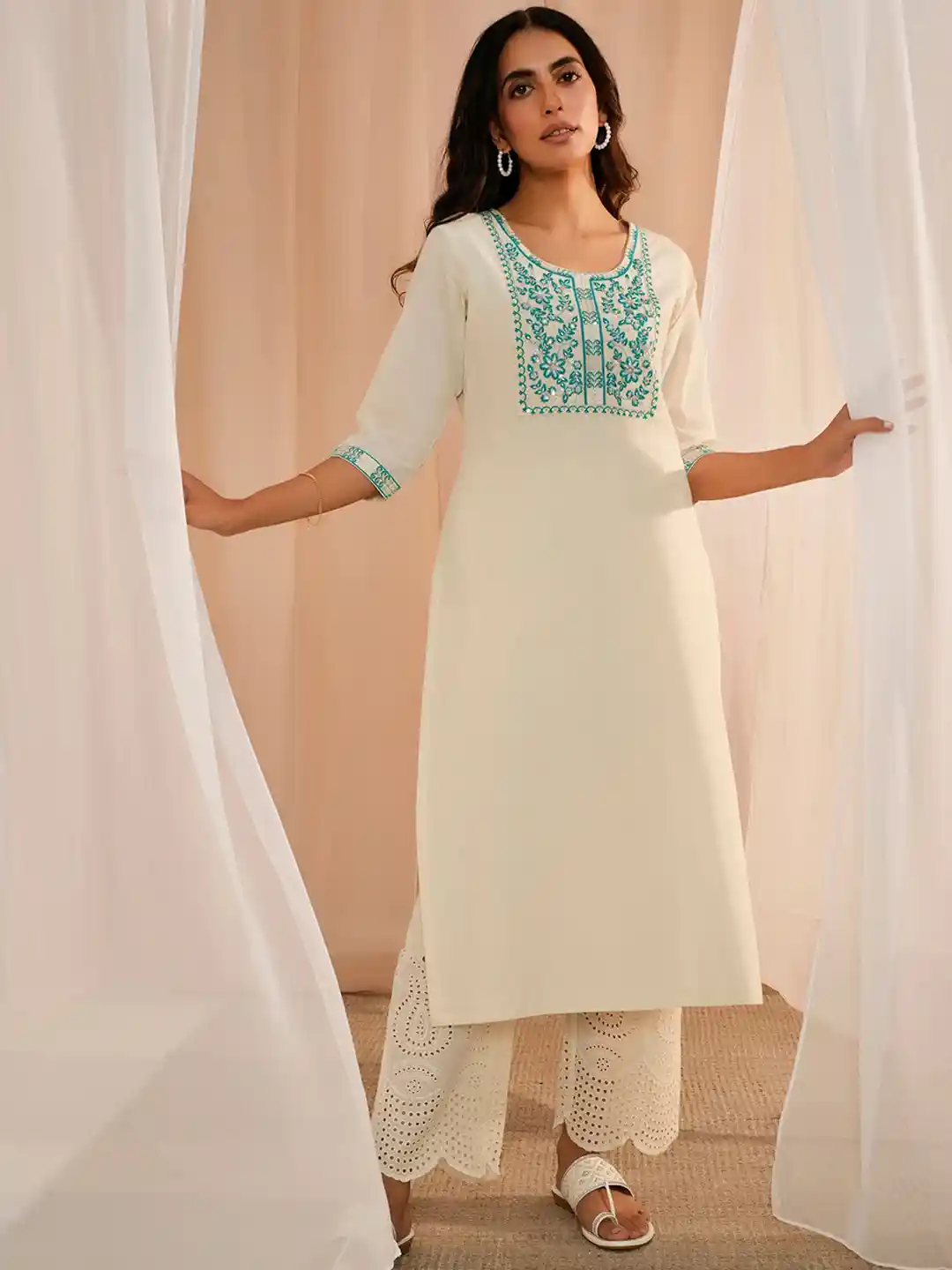 Buy Libas Floral Embroidered Yoke Design Round Neck Cotton