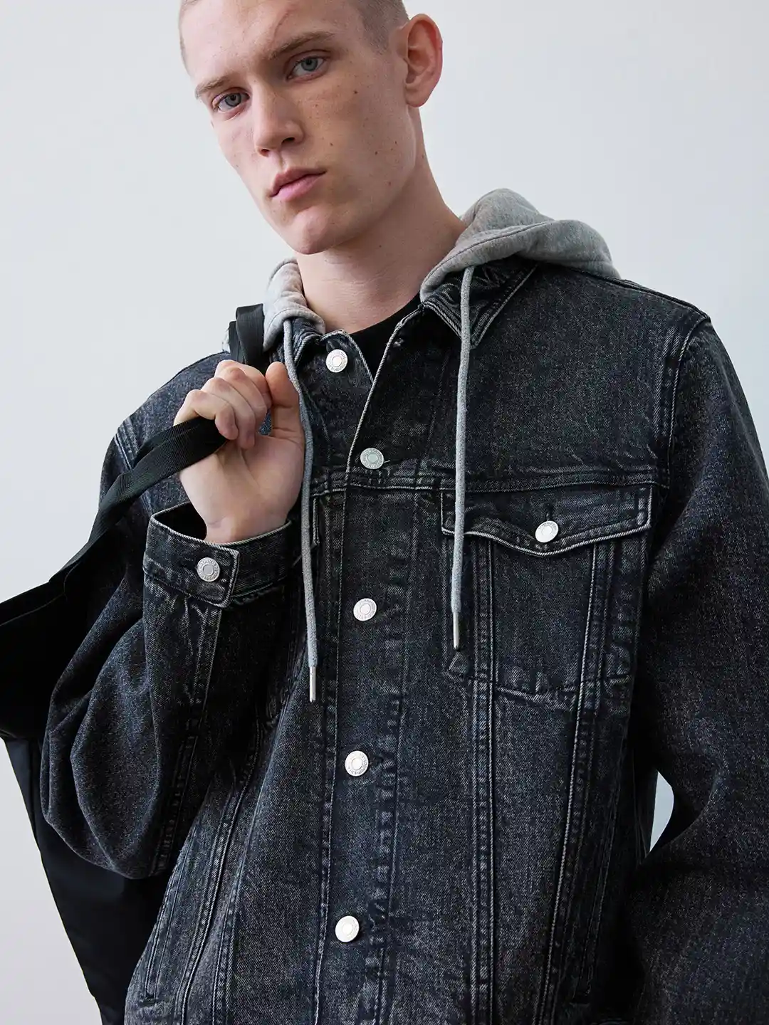 HOT Black Hooded Denim Jacket Men Buy H&M Slim Fit Hooded