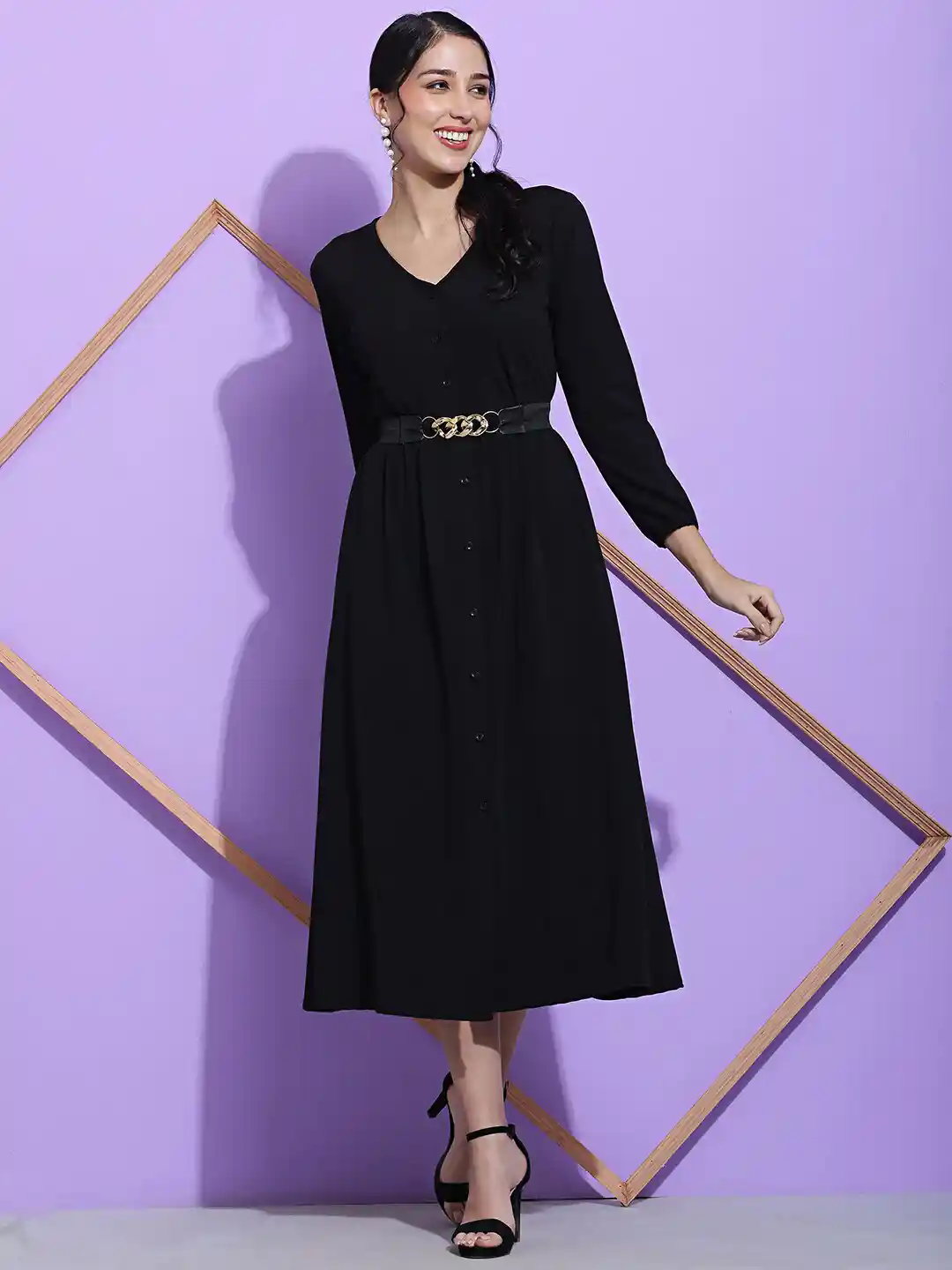 Buy SQew V-Neck Long Sleeves Gathered Fit Flare Midi Dress Wit