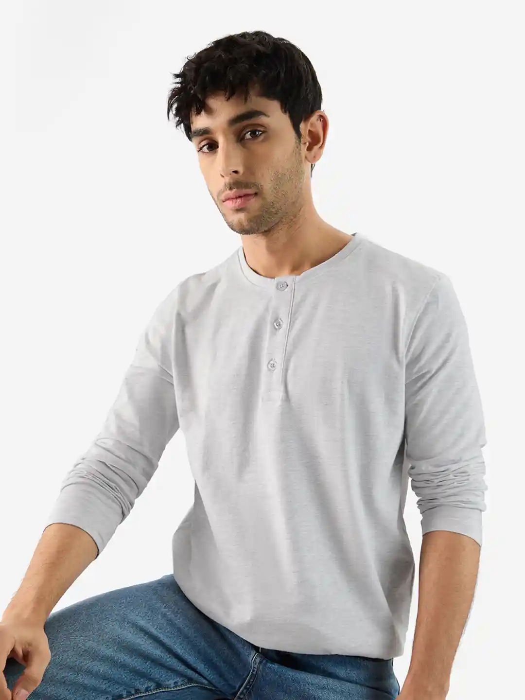 The Souled Store Grey Henley Neck Cotton T-shirt