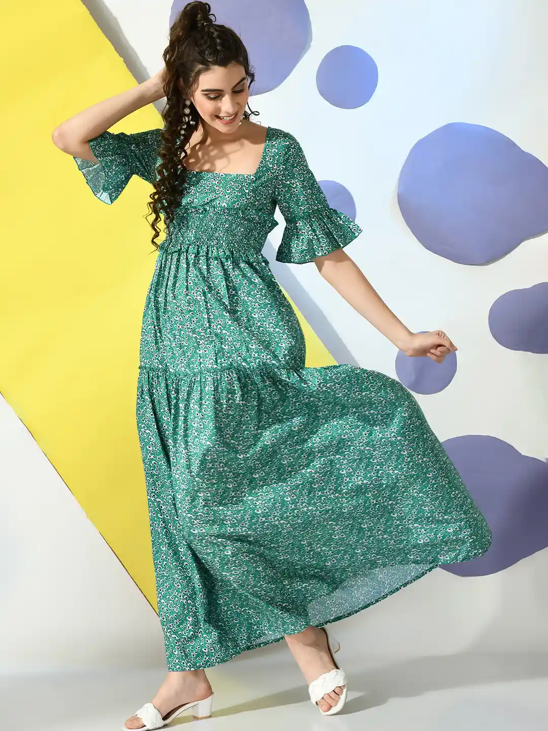 Fuchsia Women Flared Sleeve Fit and Flare Maxi Dress