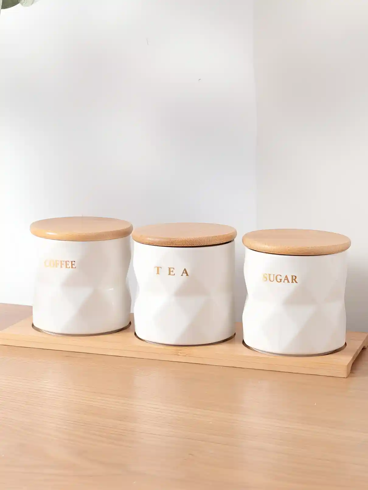 The Better Home Set of Ceramic Tea Coffee Sugar Jars With Bamboo Lids  Tray
