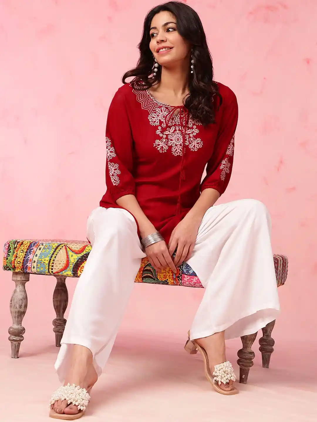 Buy Anouk Floral Embroidered Tie Up Neck Three-Quarter Sleeves