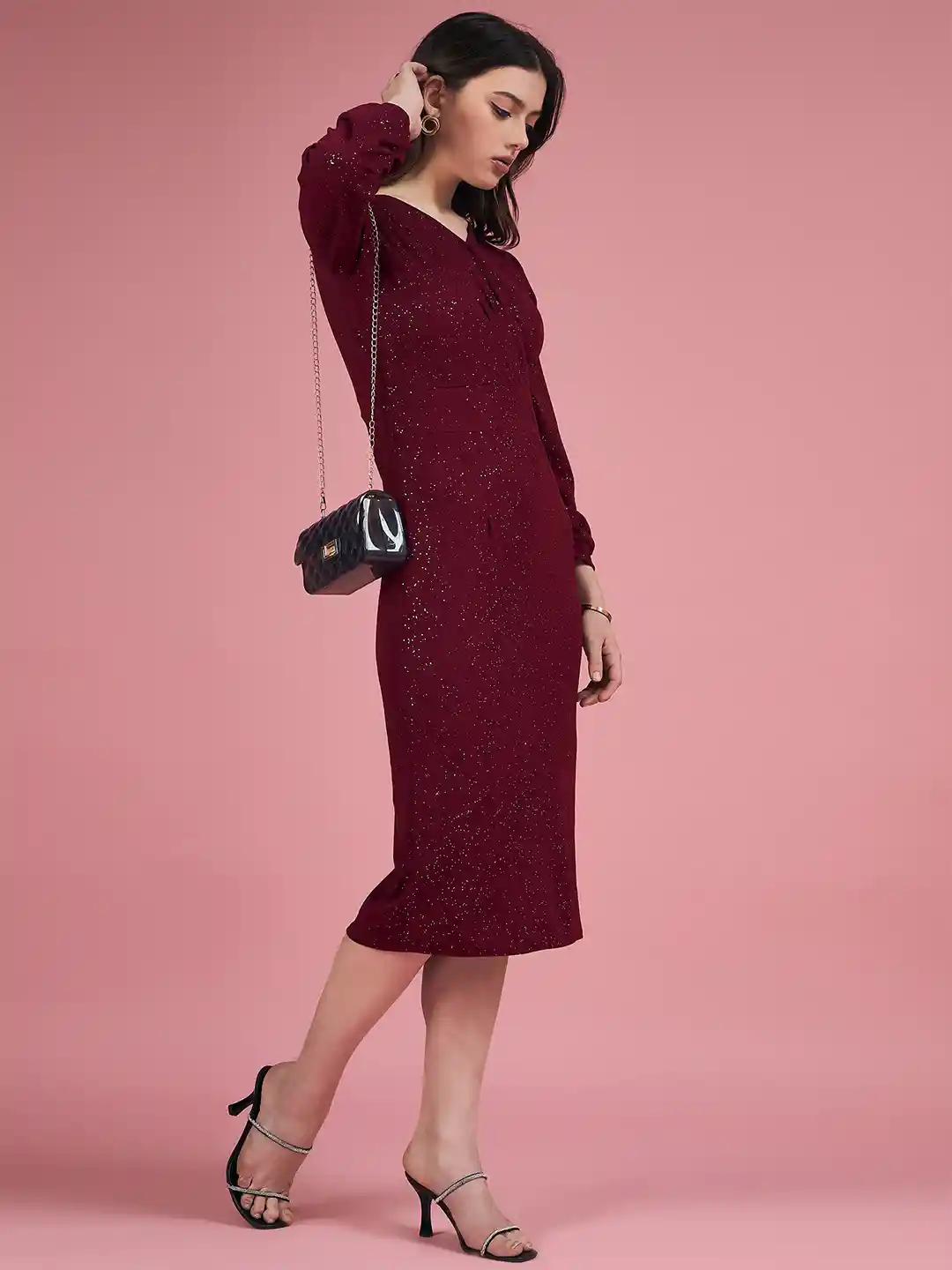 Buy DressBerry Maroon V-Neck Sheath Midi Dress Dresses for Women