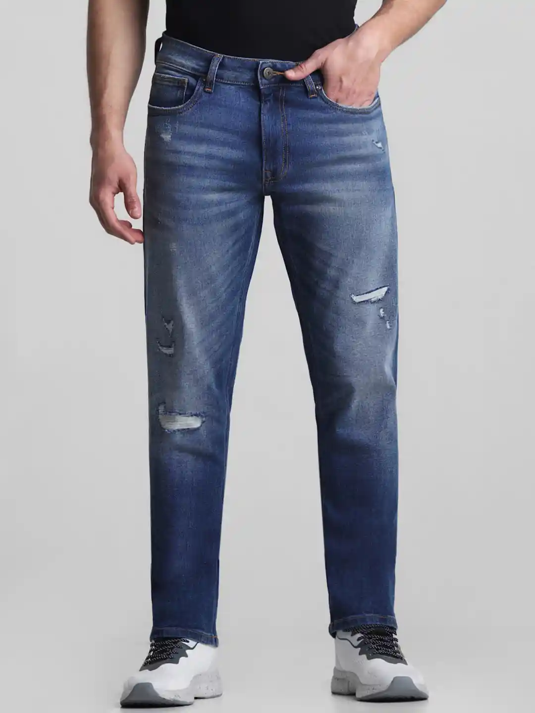 Jack Jones Men Tim Slim Fit Mildly Distressed Heavy Fade Stretchable Jeans