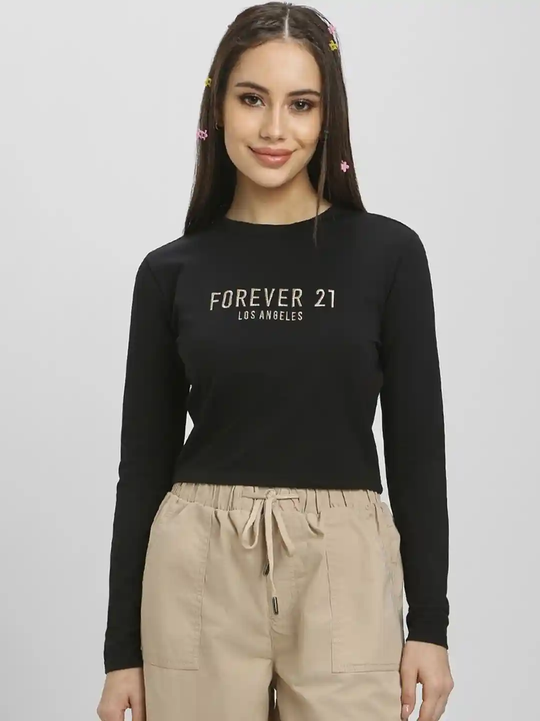Buy FOREVER 21 Typography Printed Long Sleeves Crop Top Tops for