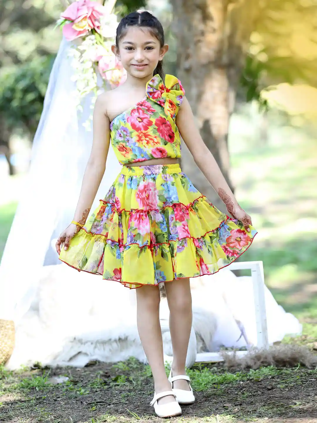 Cutiekins Girls Floral Printed One Shoulder Georgette Crop Top with Skirt