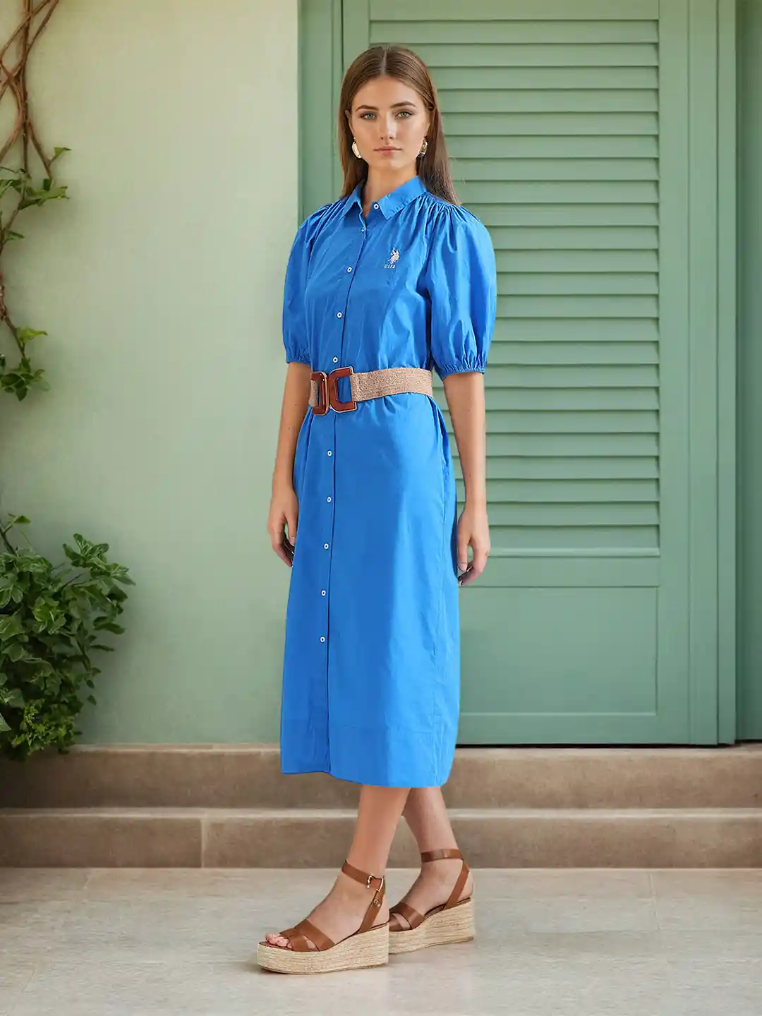 Buy Polo Women Pure Cotton Puff Sleeve Shirt Midi Dress