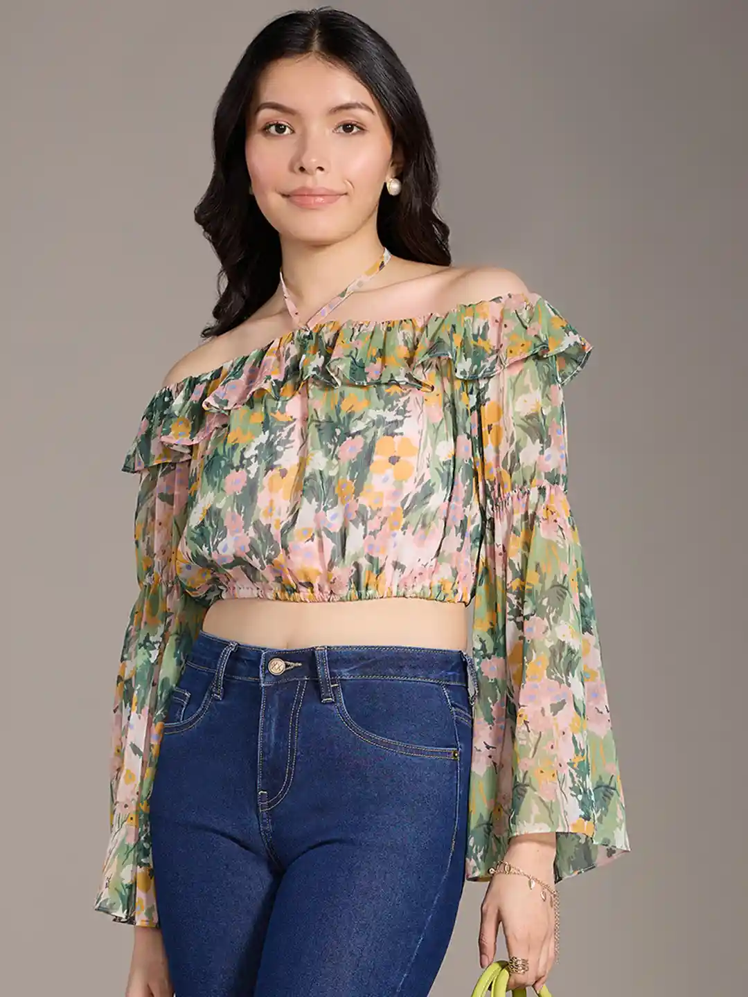 Buy 20Dresses Green Floral Print Chiffon Off-Shoulder Bell Sleeve