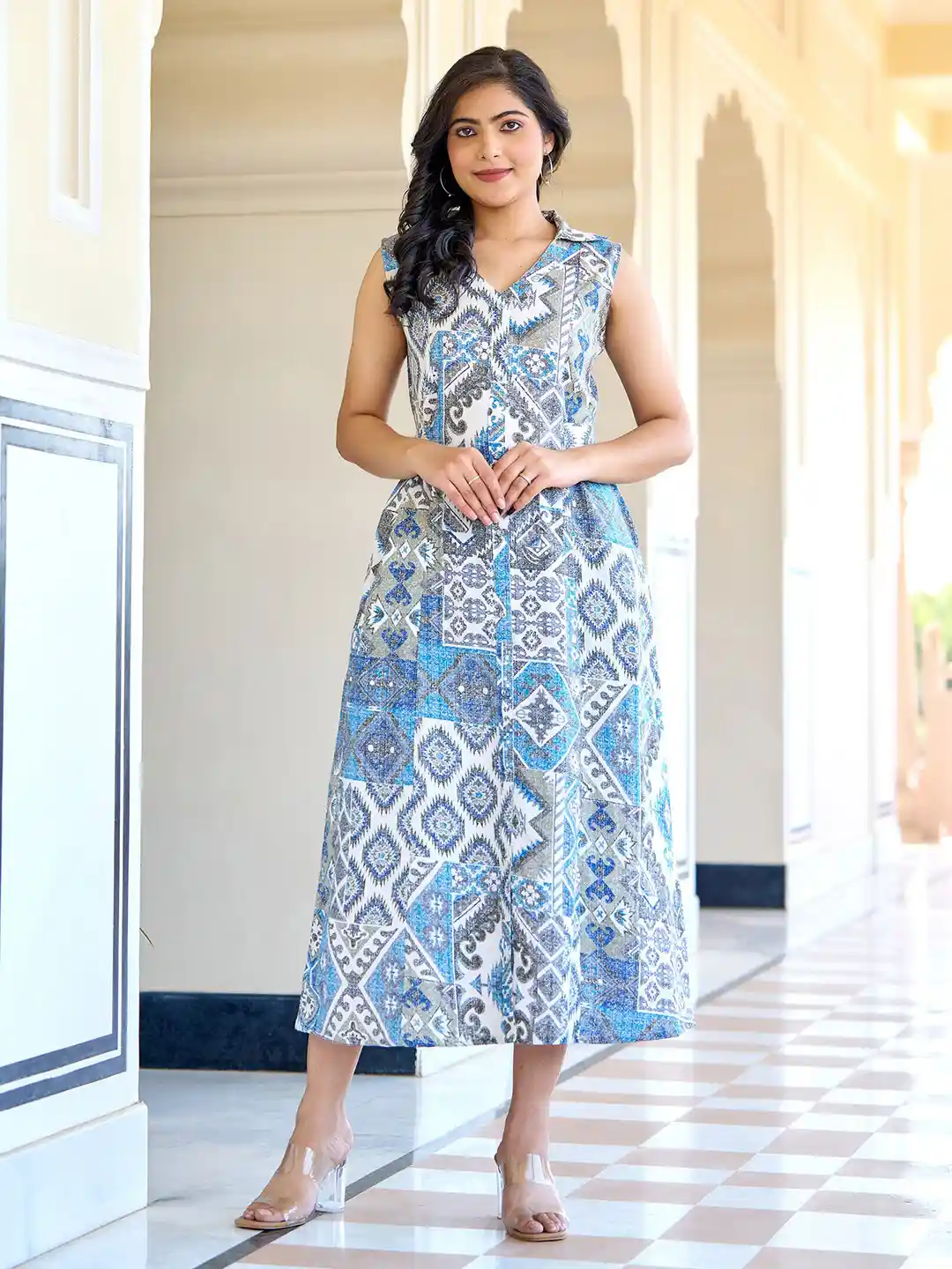 Buy Nayo Geometric Print A-Line Cotton Maxi Dress Dresses for