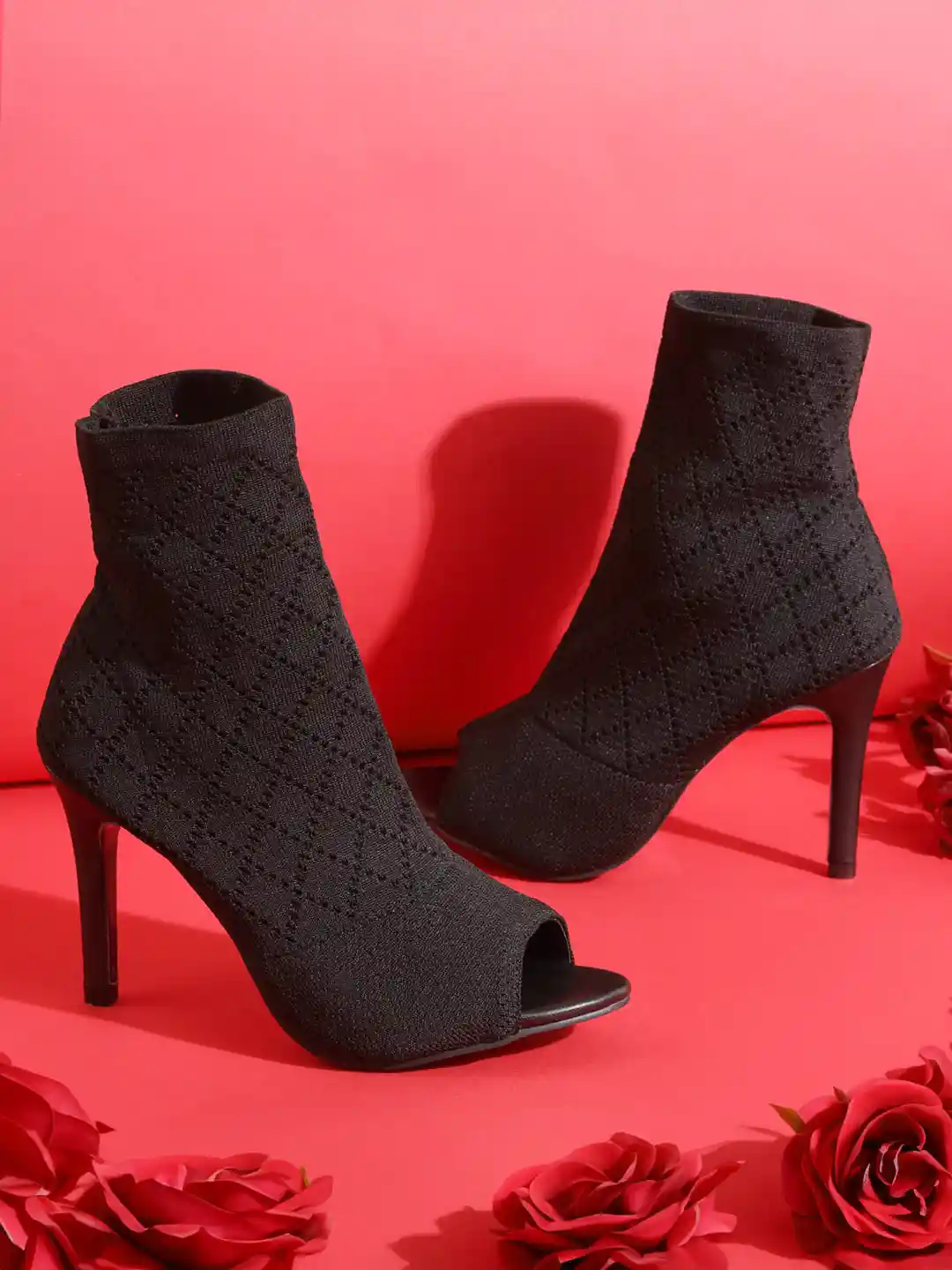 Truffle Collection Women Textured Peep Toe Stiletto Heeled Boots