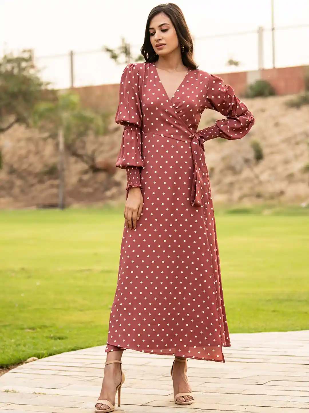 Ladies Dresses Polka Dot Wrap Dress Long Sleeve B'Infinite Polka