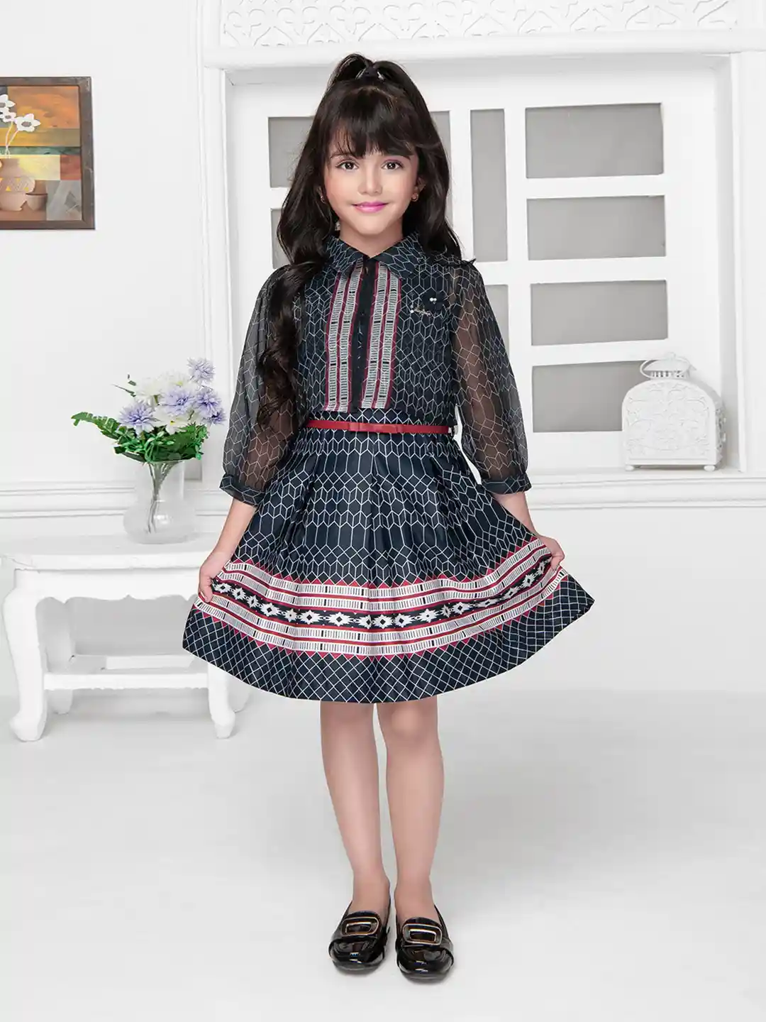 Buy Tiny Baby Girls Geometric Printed Shirt Collar Satin Fit