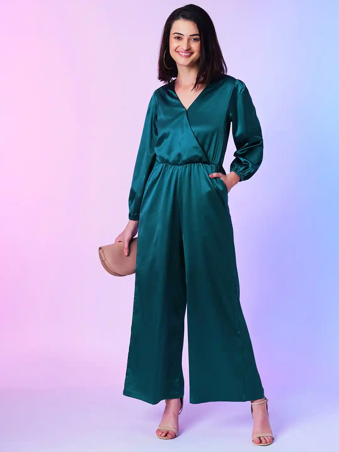 Globus Teal Green Wrap Neck Wide-Leg Party Jumpsuit