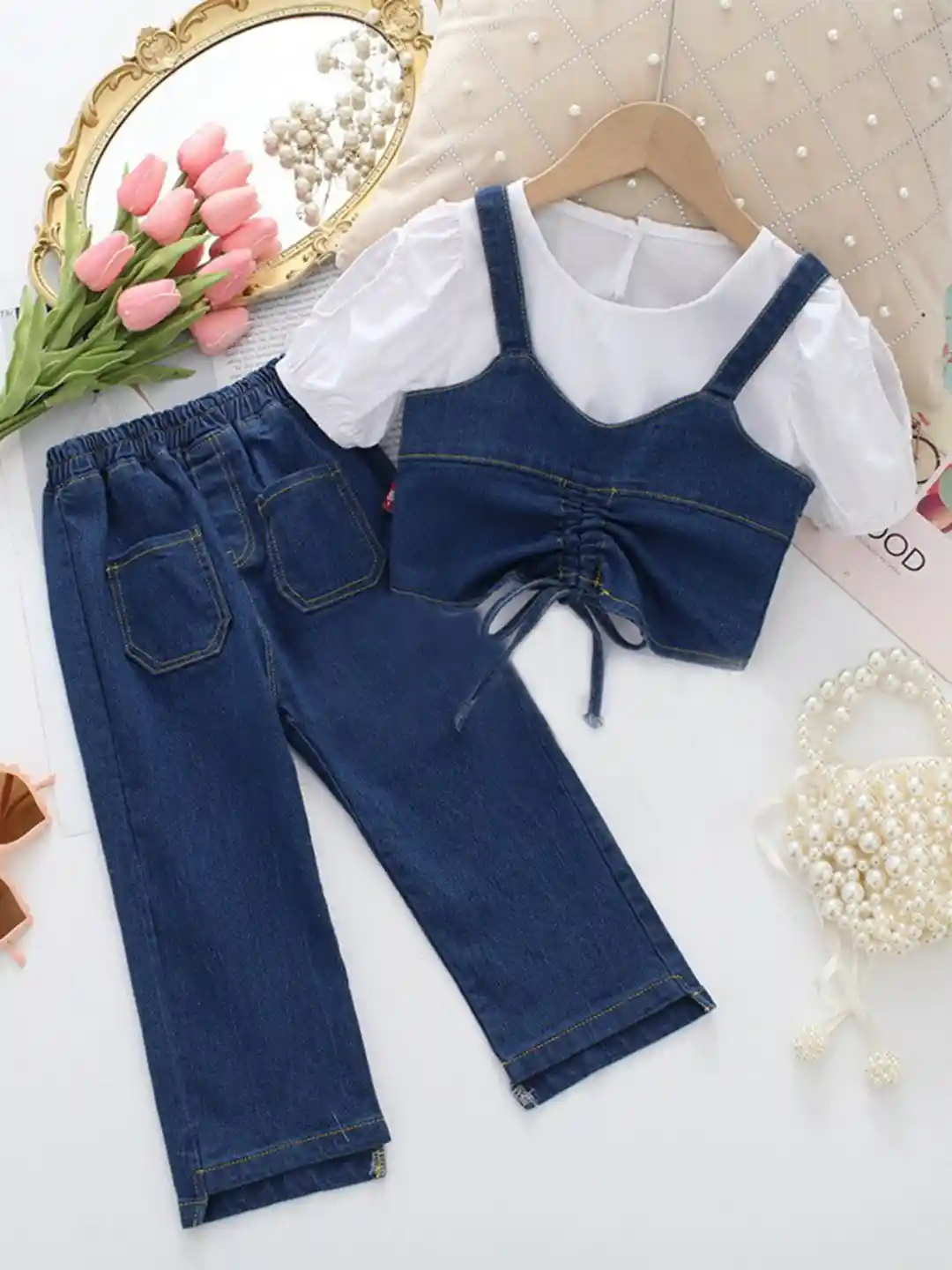 INCLUD Girls Puff Sleeves Top With Jeans Denim Top