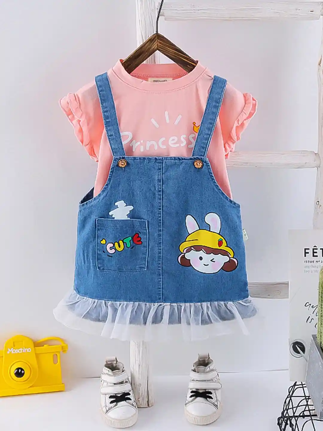 Buy INCLUD Girls Graphic Printed Denim Pinafore Dress With Cotton