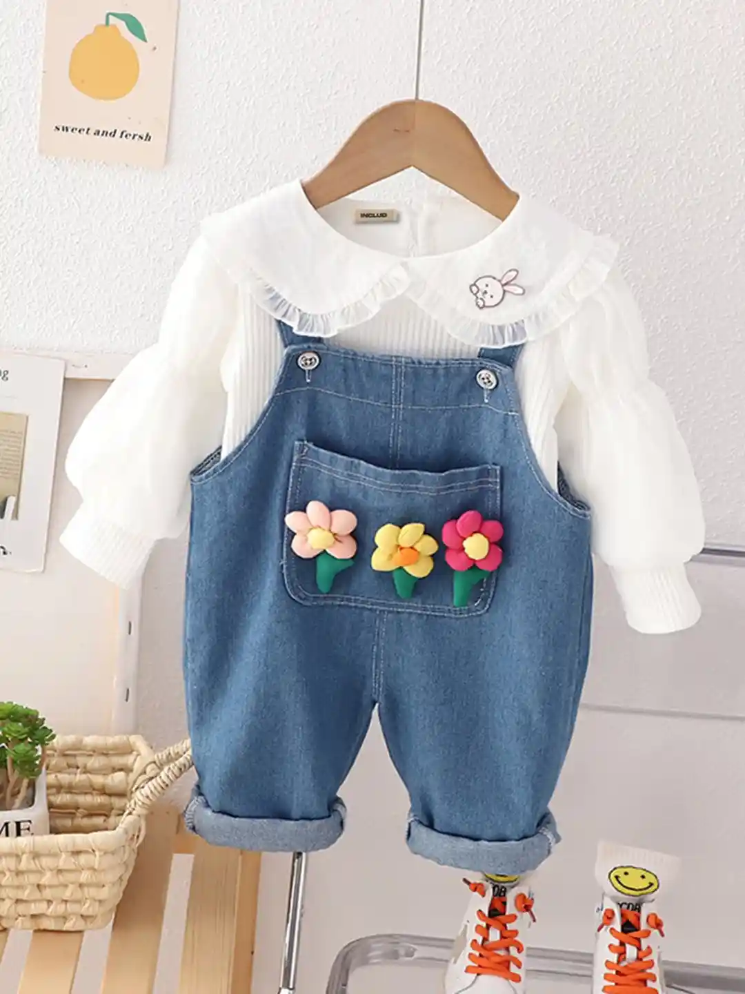 Buy INCLUD Girls Peter Pan Collar Cotton Top With Denim Dungaree