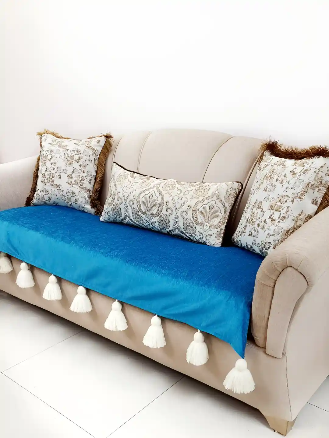 Buy THROWPILLOW Teal White Durable Tasseled Sofa Cover Sofa