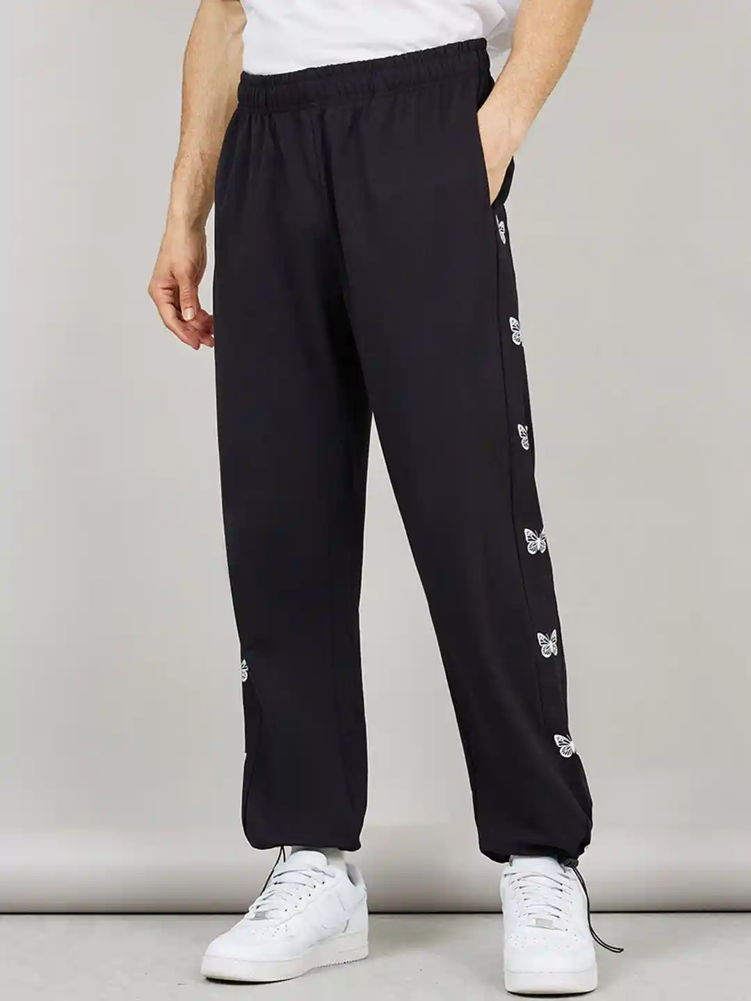 Black Butterfly Print Joggers With Butterflies Styli Side Cut Sew
