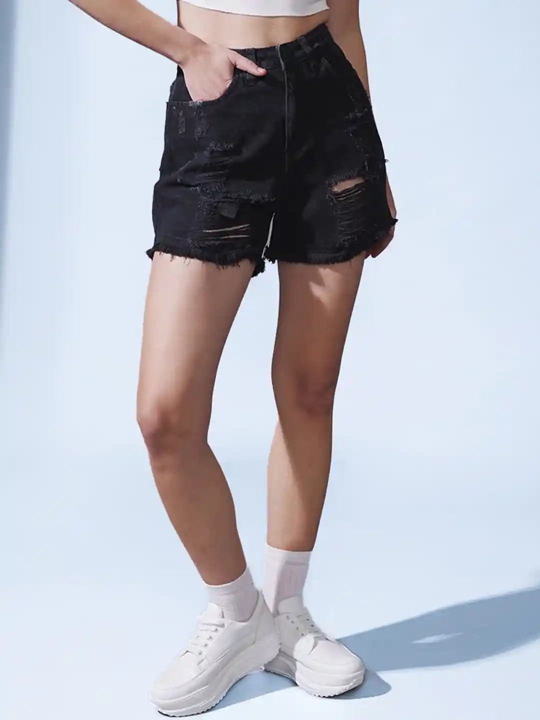 STREET Women Black High-Rise Distressed Denim Shorts
