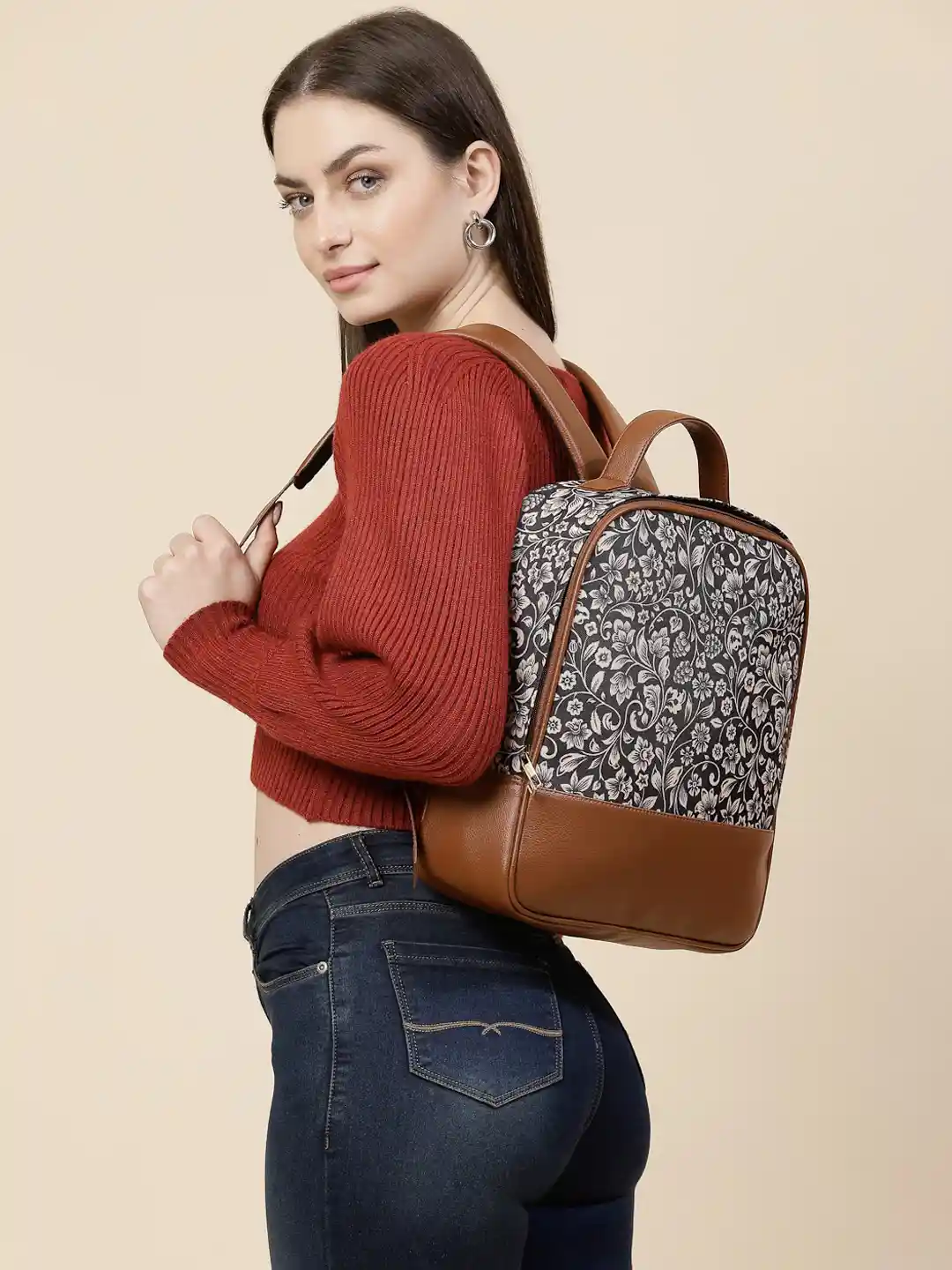 Anouk Tan Brown Floral Printed Ergonomic College Backpack