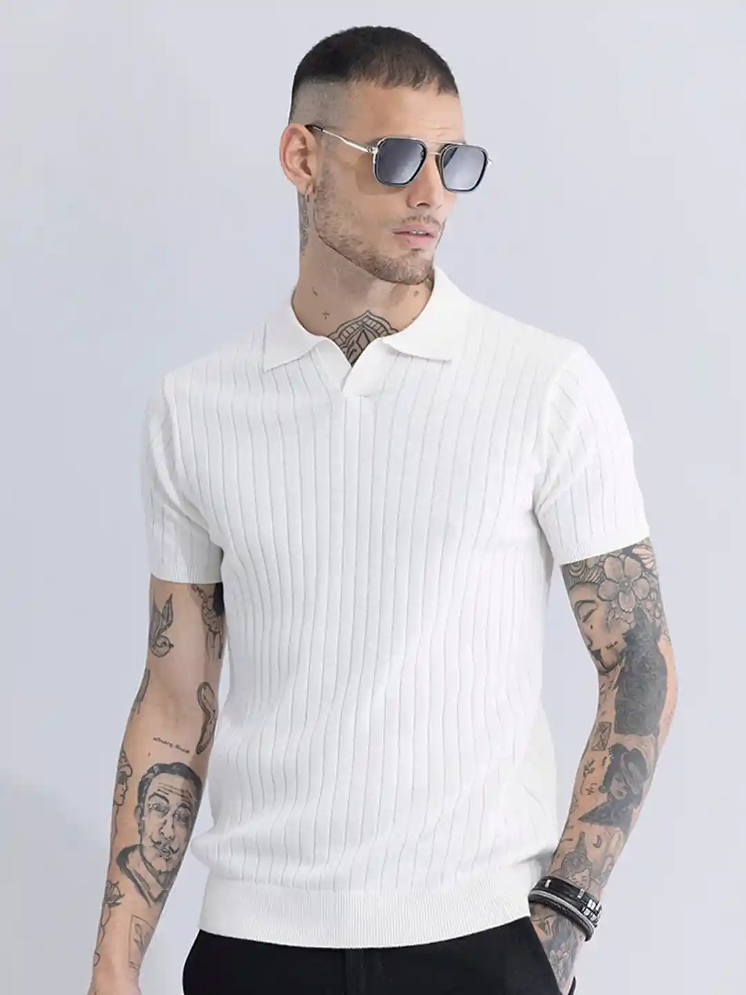 Buy Snitch White Striped Polo Collar Cotton Slim Fit T-shirt