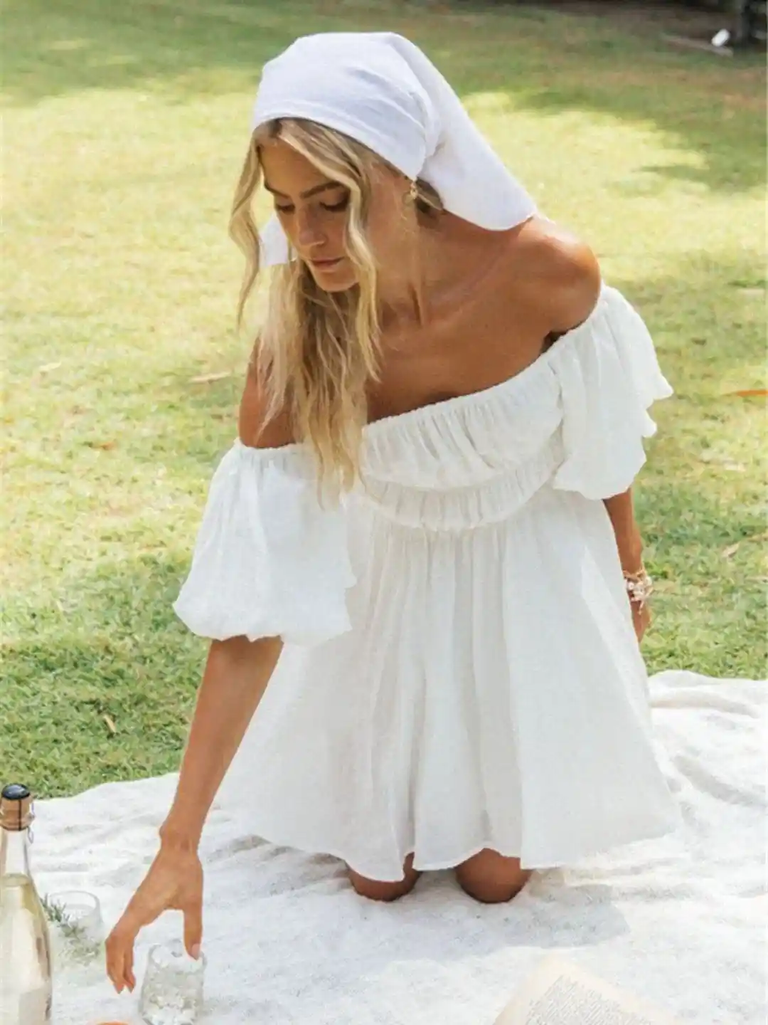 Midi Dress Off The Shoulder Flare Sleeve Dress DressBerry White