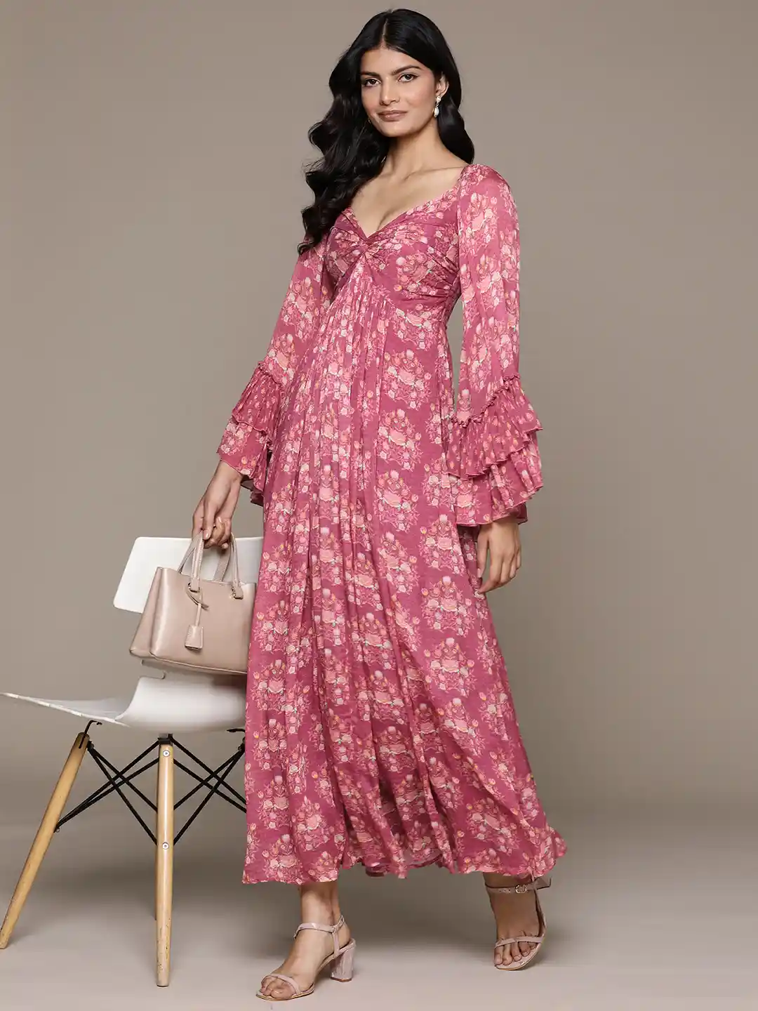 Buy Ritu Kumar Floral Print Bell Sleeve Fit Flare Maxi Dress