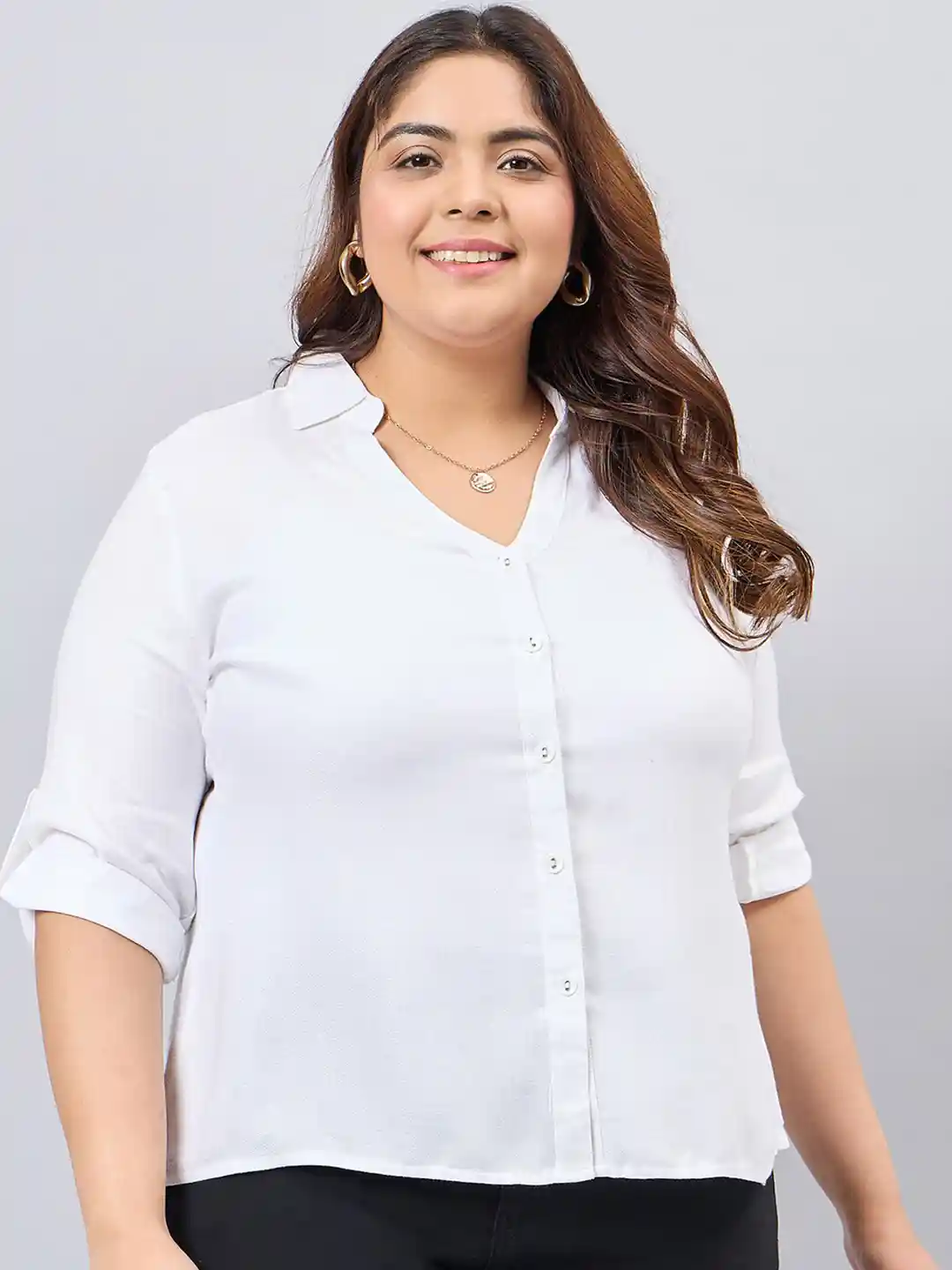 Style Quotient Women White Classic Smart V-neck Plus Size Shirt