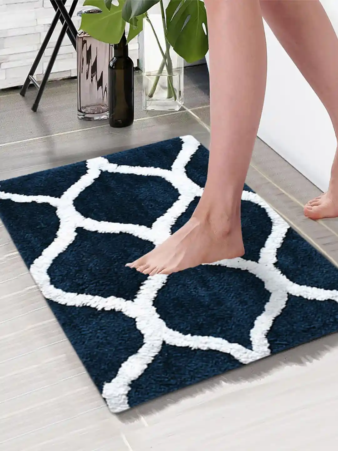 Aura Navy Blue White Printed Rectangular 1850 GSM Microfiber Bath Rug