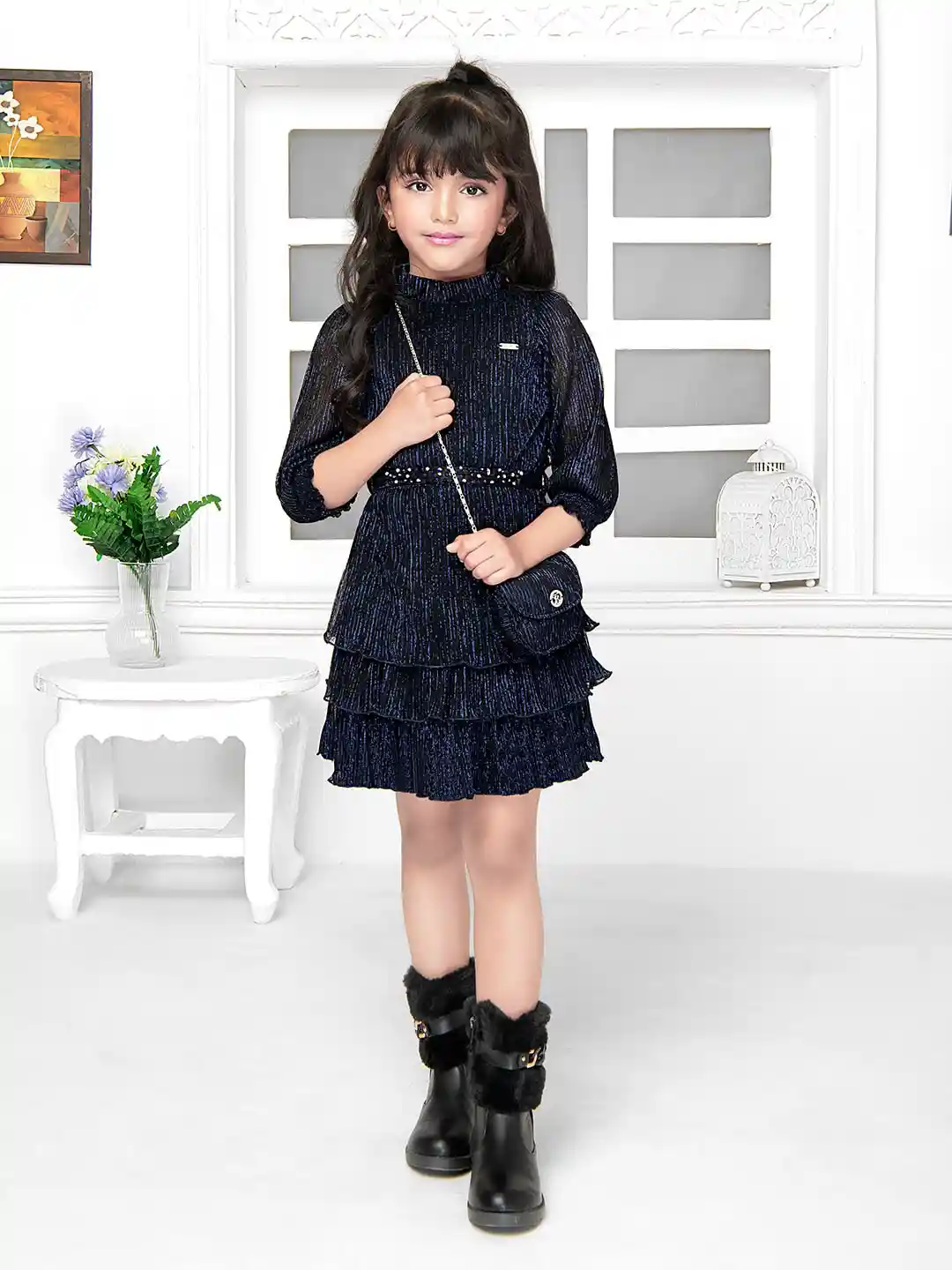 Buy Tiny Baby Girls Striped High Neck Layered Detailed Fit Flare