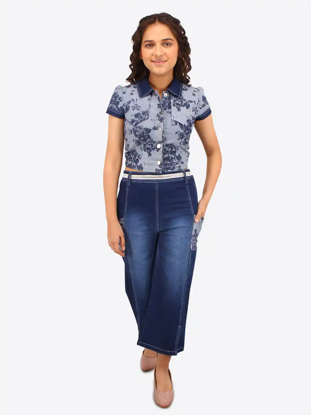 Buy CUTECUMBER Girls Floral Printed Shirt Collar Top With Jeans