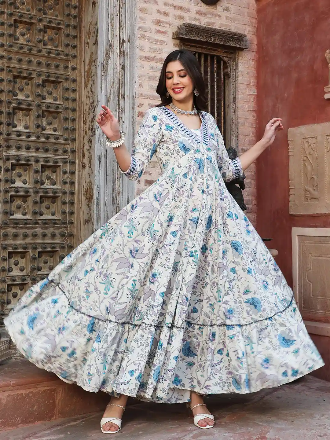 GULMOHAR JAIPUR Floral Printed Embroidered Pure Cotton Fit and Flare Maxi  Ethnic Dress