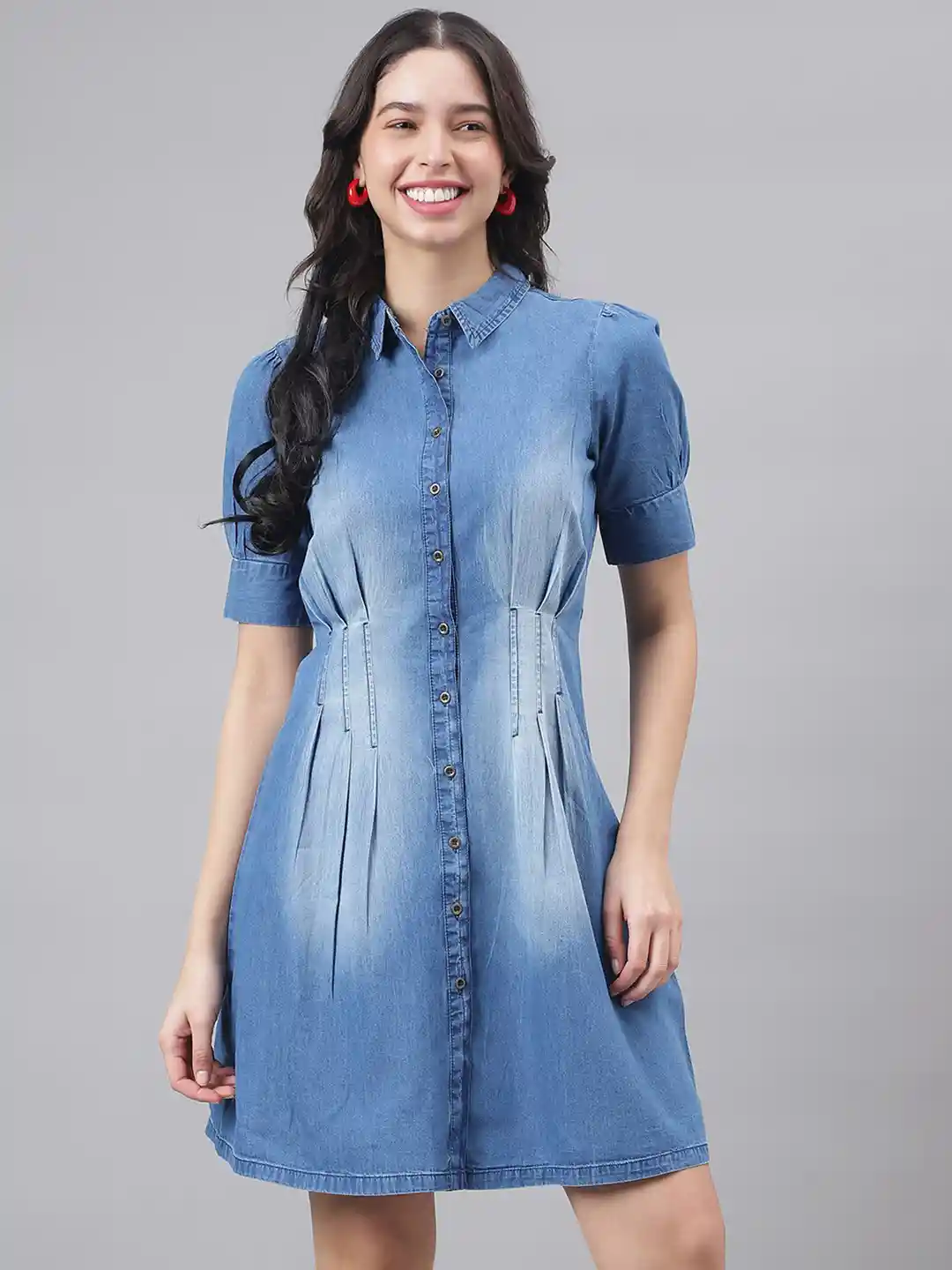 Buy Latin Quarters Puff Sleeves Pleated Denim Shirt Dress