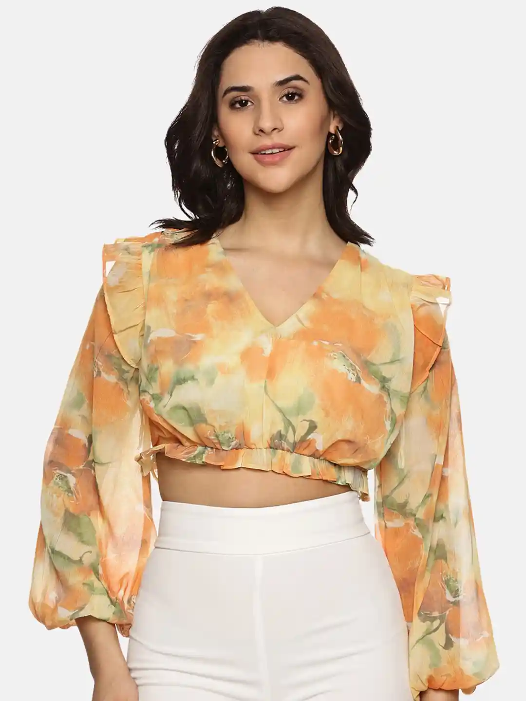 Buy ISU Floral Printed Puff Sleeves V-Neck Chiffon Blouson Crop