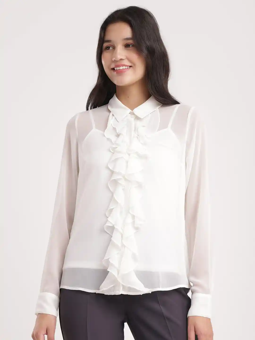 Buy FableStreet Shirt Collar Georgette Ruffle Shirt Style White