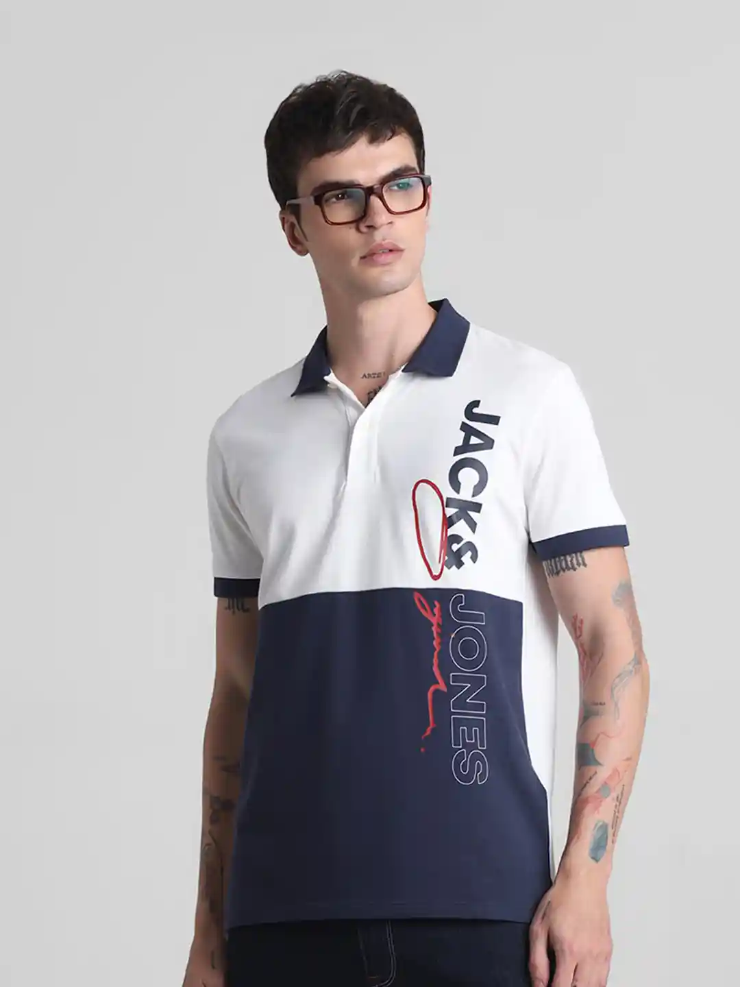 Jack Jones Typography Printed Polo Collar Pure Cotton Slim Fit T-shirt