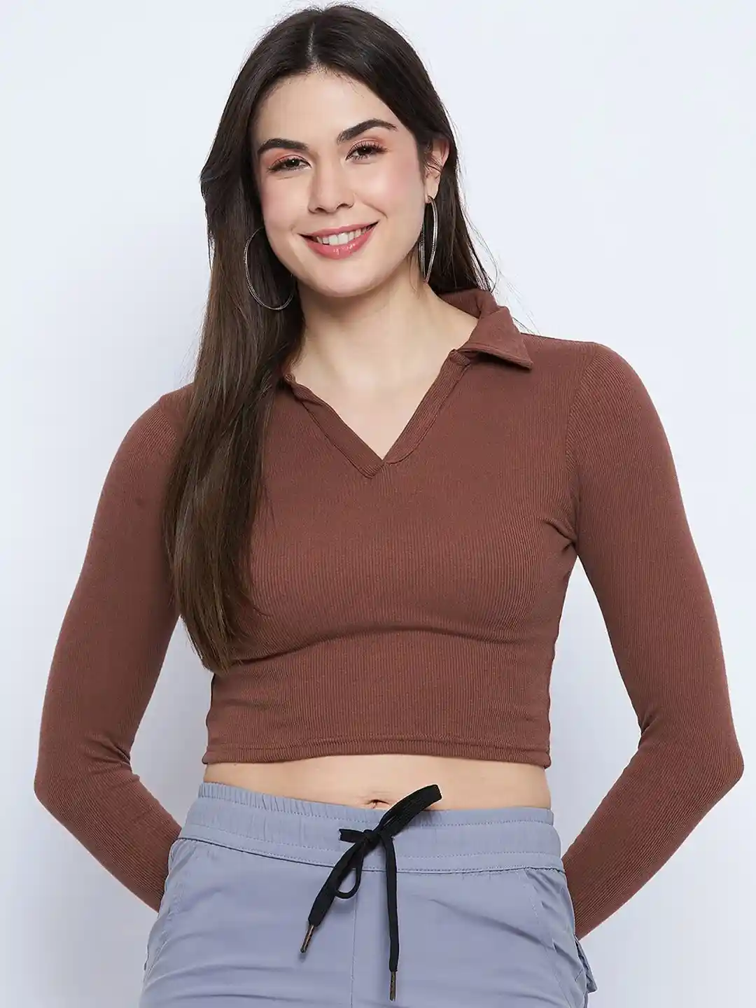 Mayra Ribbed Shirt Collar Fitted Crop Top