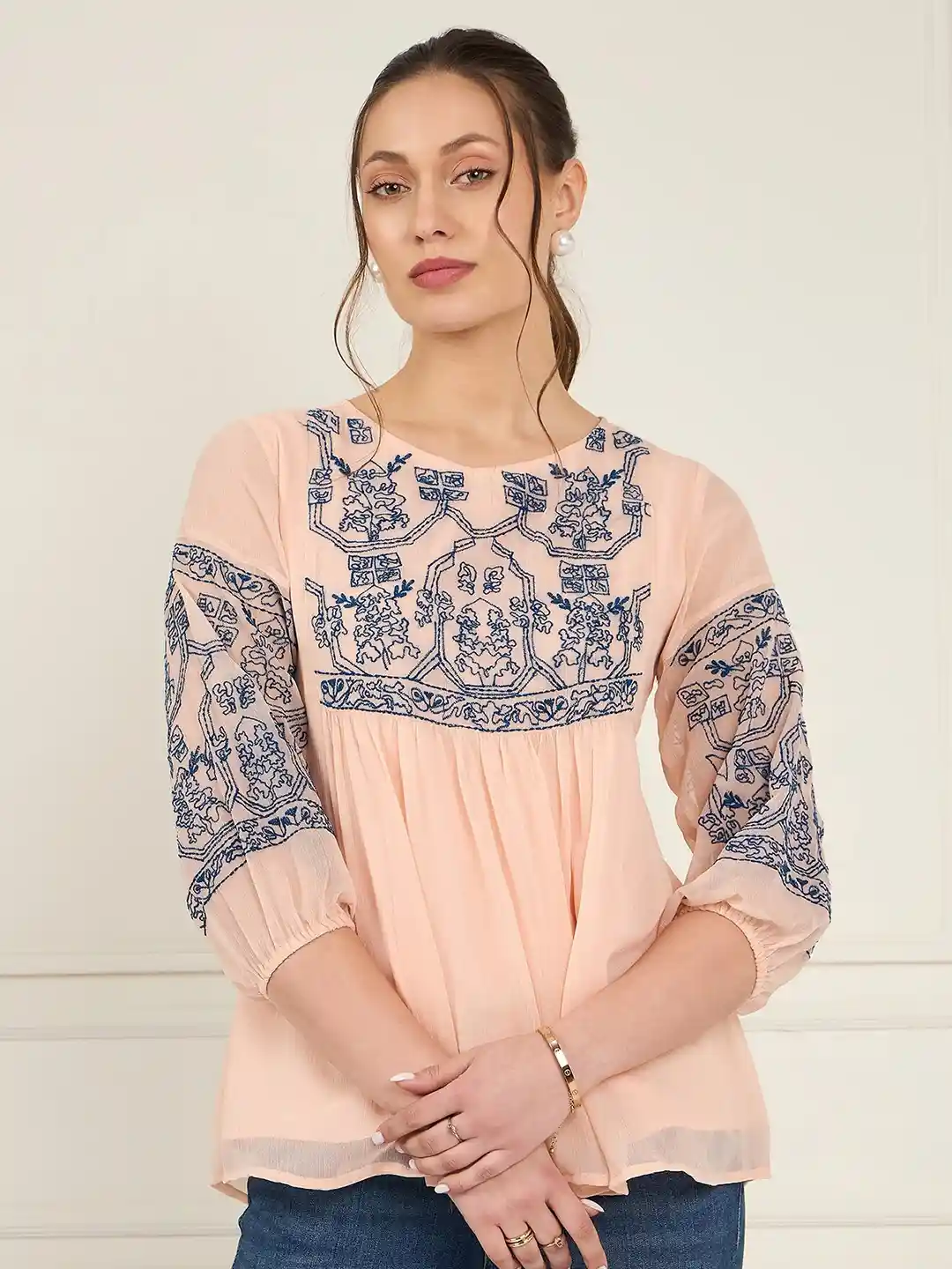Buy Antheaa Geometric Embroidered Puff Sleeve Chiffon A-Line Top