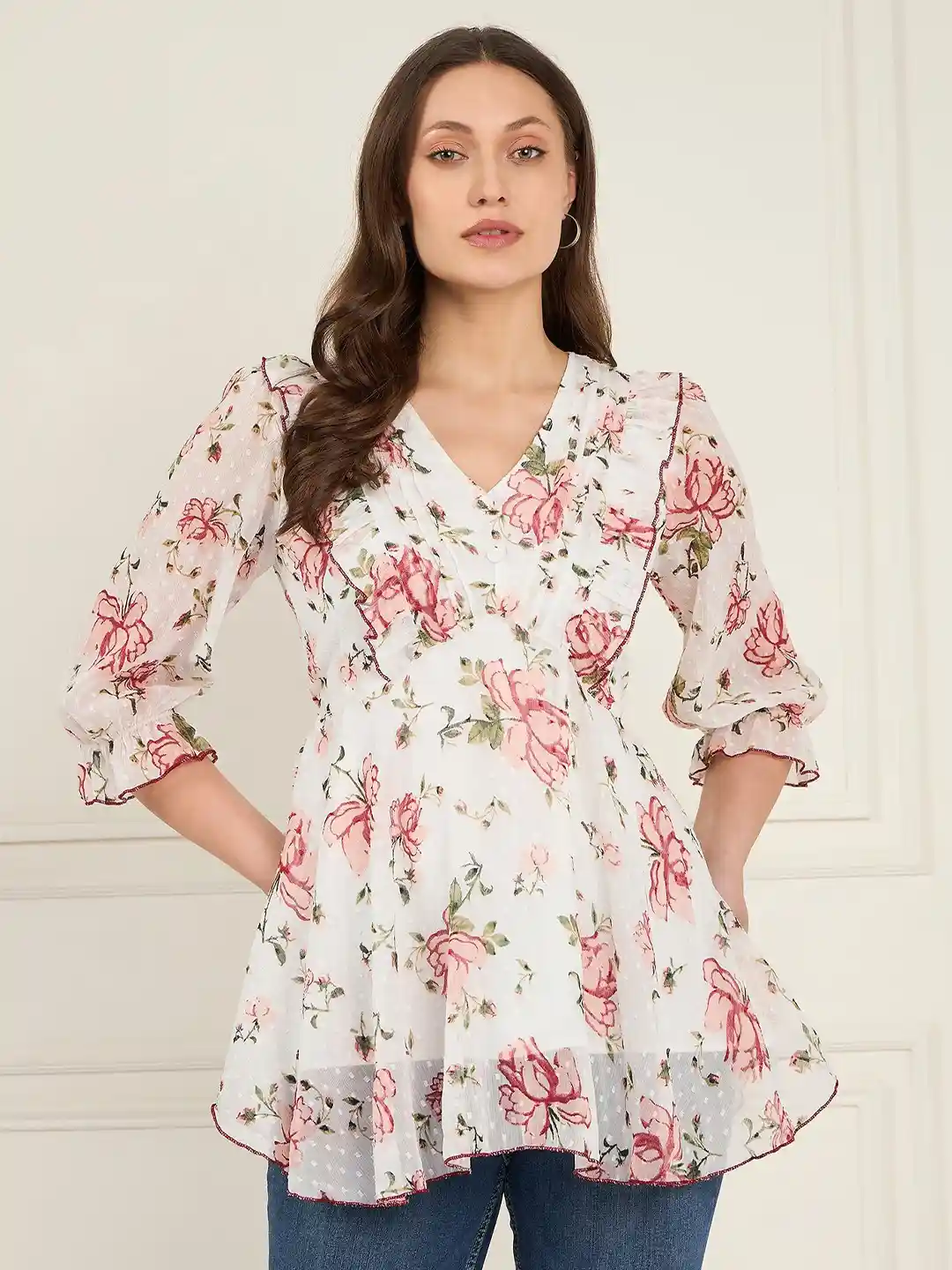 Buy Antheaa Floral Print Puff Sleeve Ruffles Chiffon Wrap Top