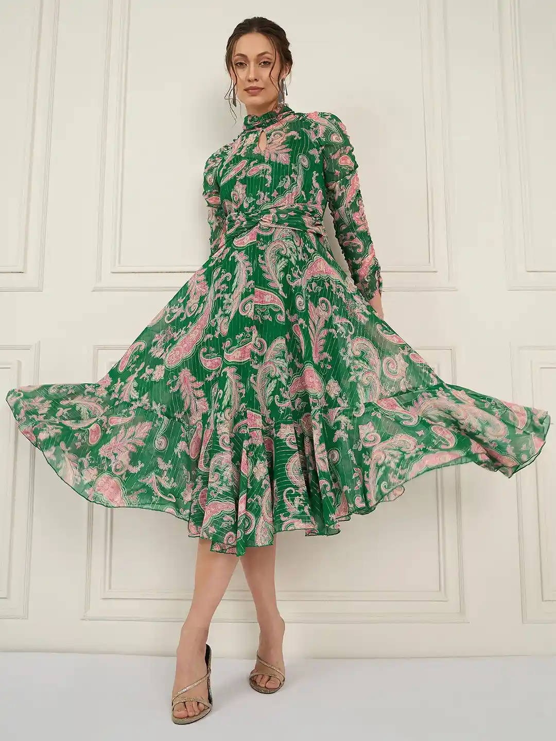 Buy Antheaa Floral Printed Chiffon High Neck Fit & Flare Midi