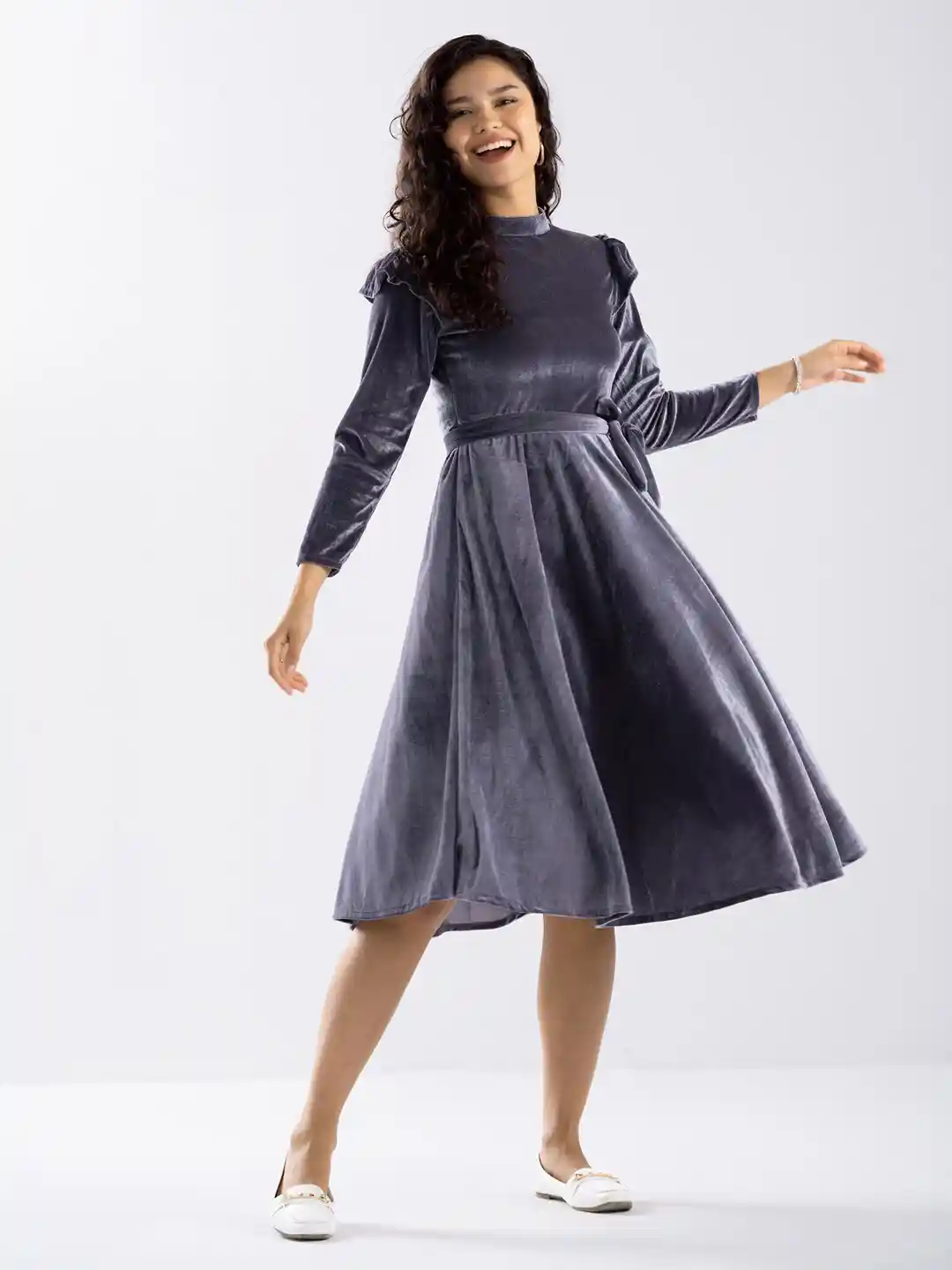 Gray Velvet Knee Length Flared Coat Princess Wool Coat With Velvet